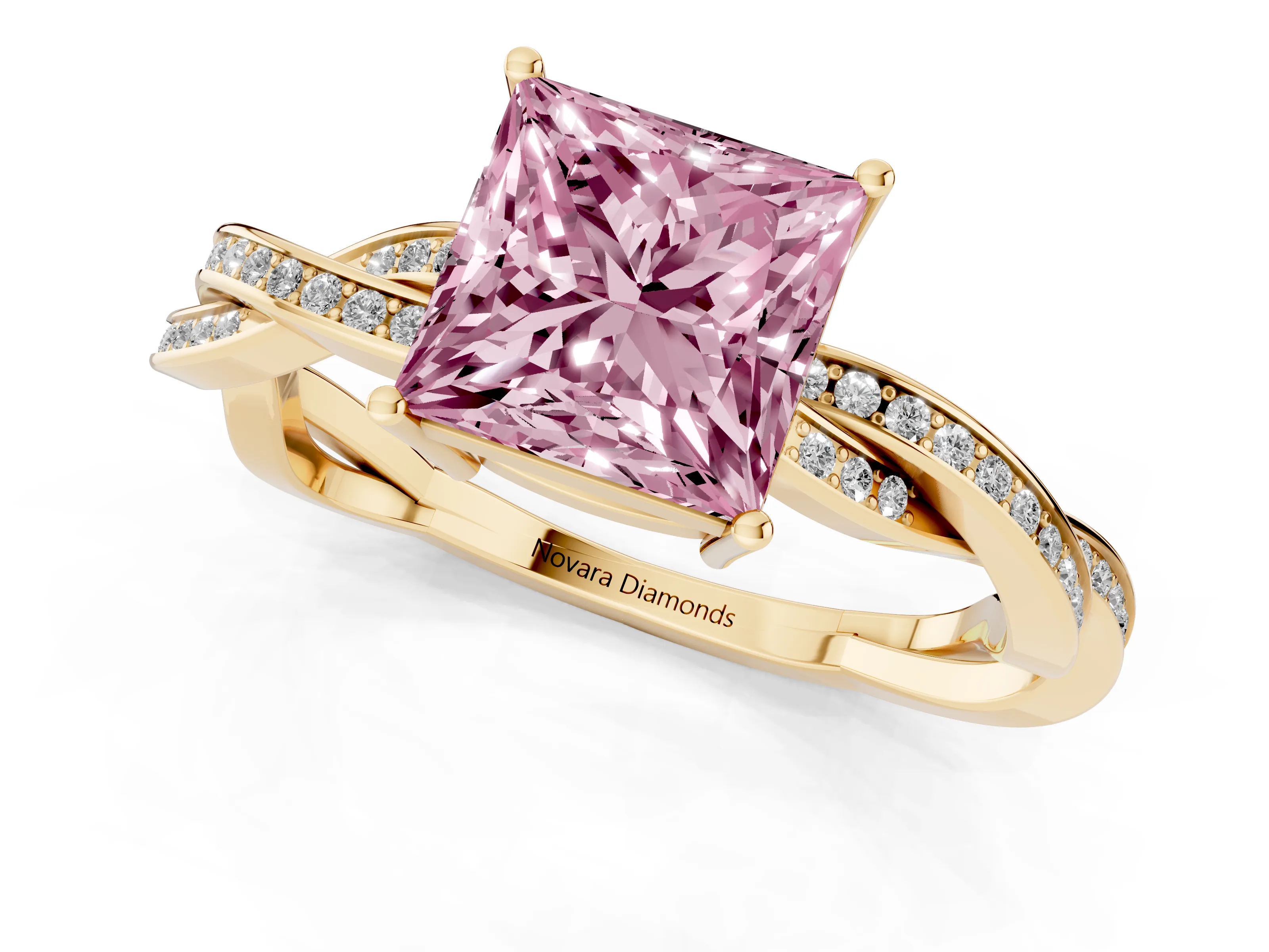 Fancy Pink Princess Cut Diamond Solitaire Twisted Pavé Ring Set in Yellow gold with Prong Setting