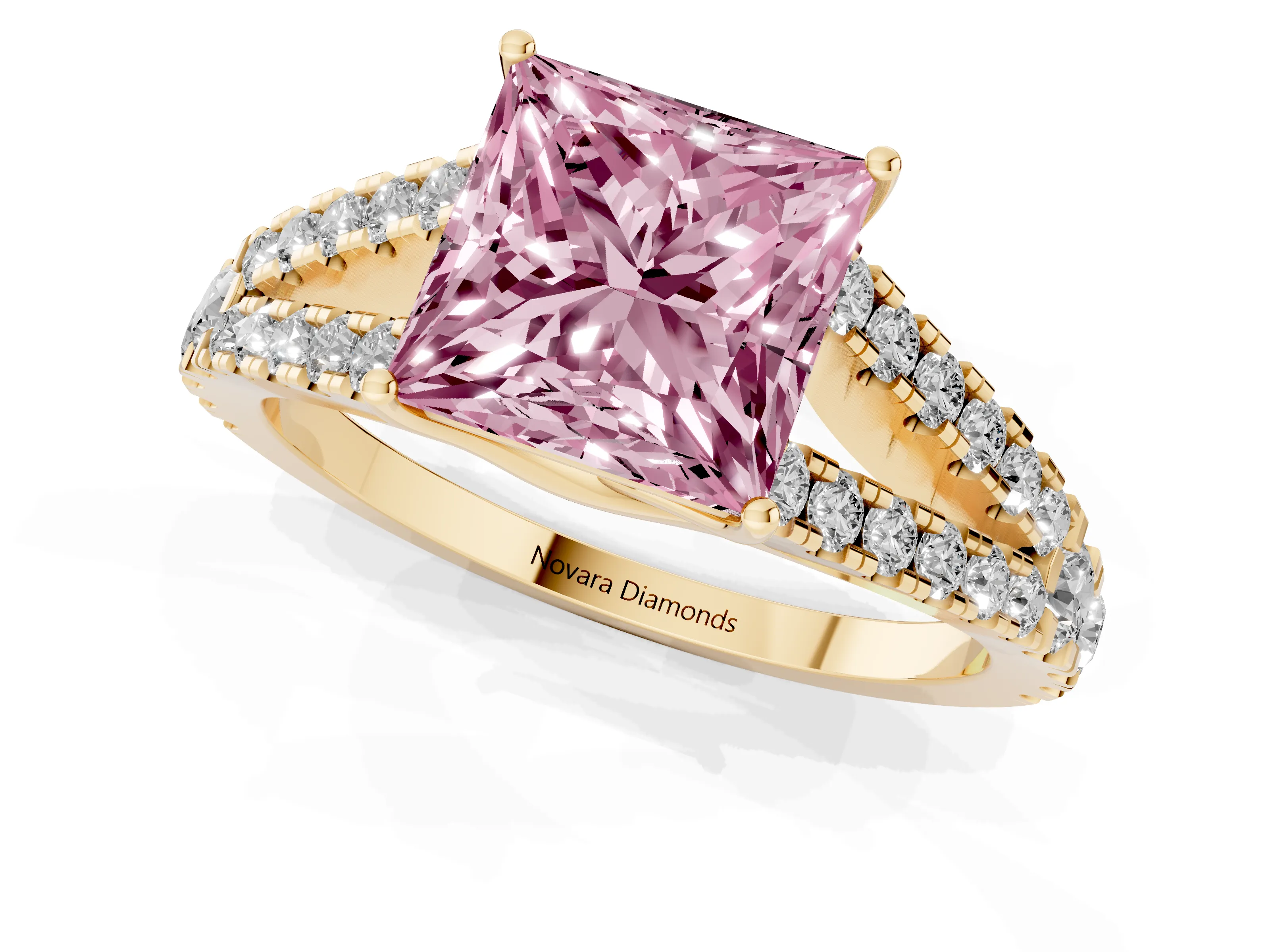 Fancy Pink Princess Cut Diamond Split Shank Pavé Engagement Ring Set in Yellow gold with Prong-Held Center Stone