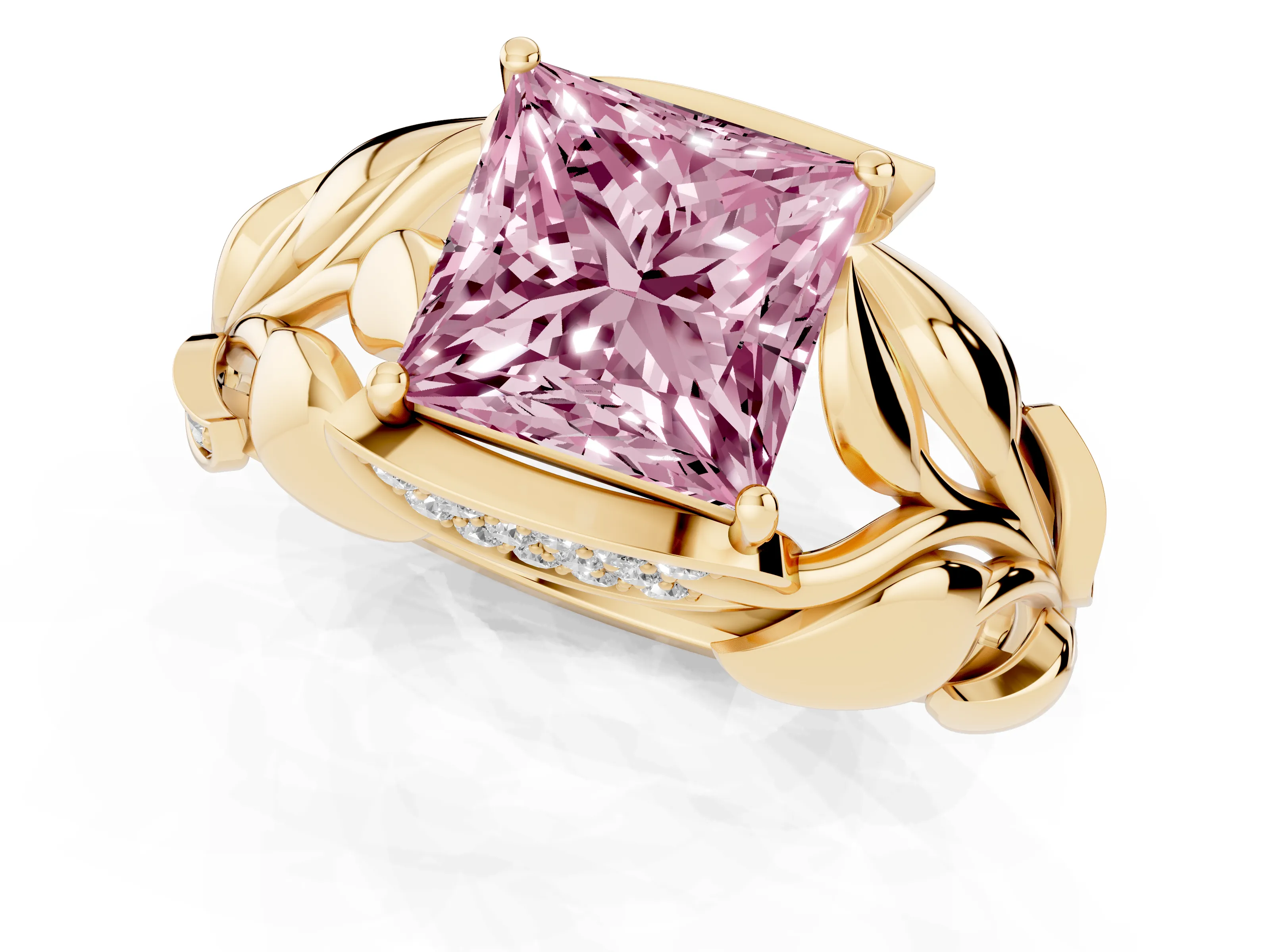 Fancy Pink Princess Cut Diamond Leaf-Inspired Engagement Ring Set in Yellow gold with Round Accents – second view