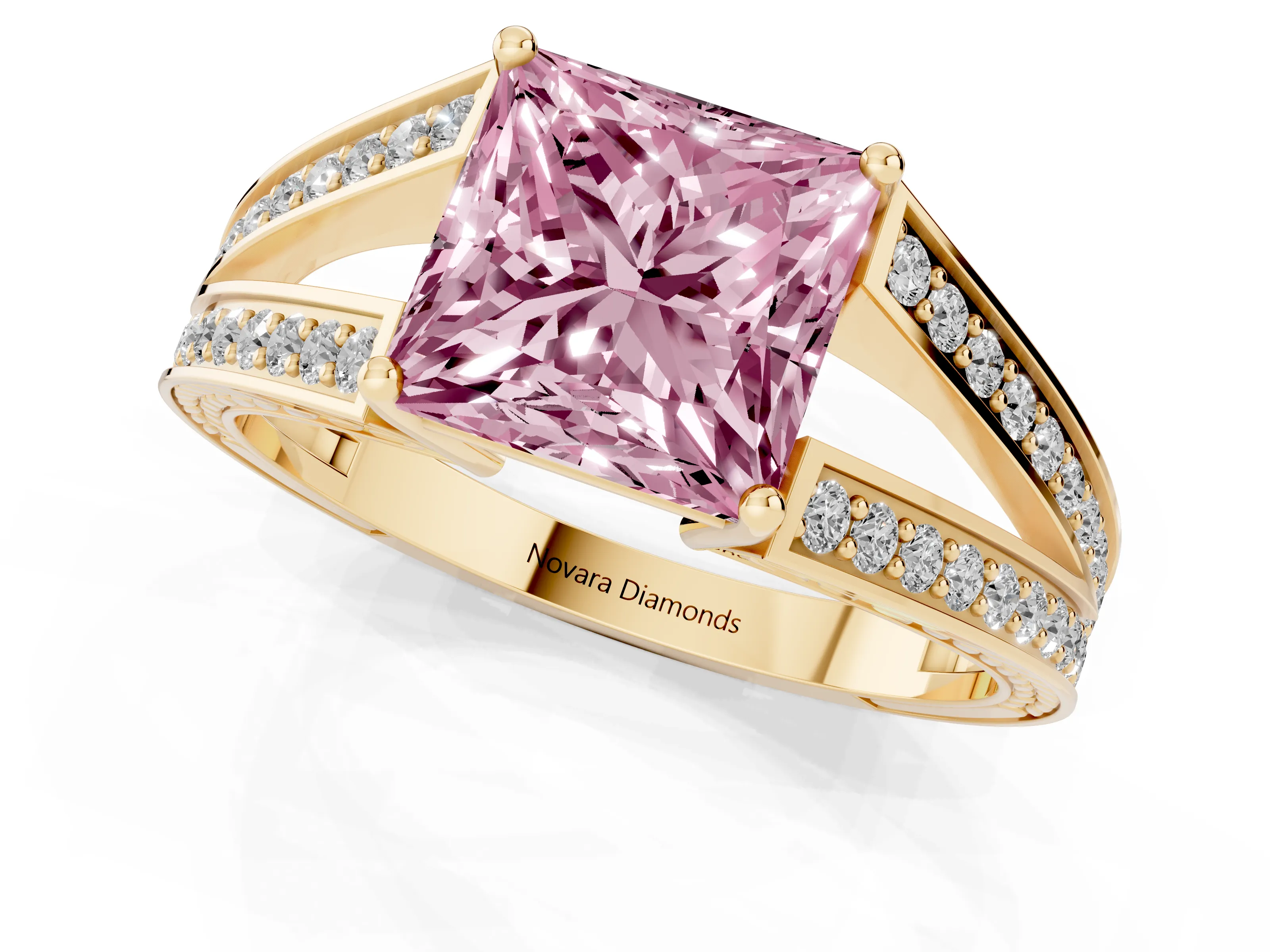 Fancy Pink Princess Cut Diamond Split Shank Ring Set in Yellow gold with Pavé Band and Prong Setting