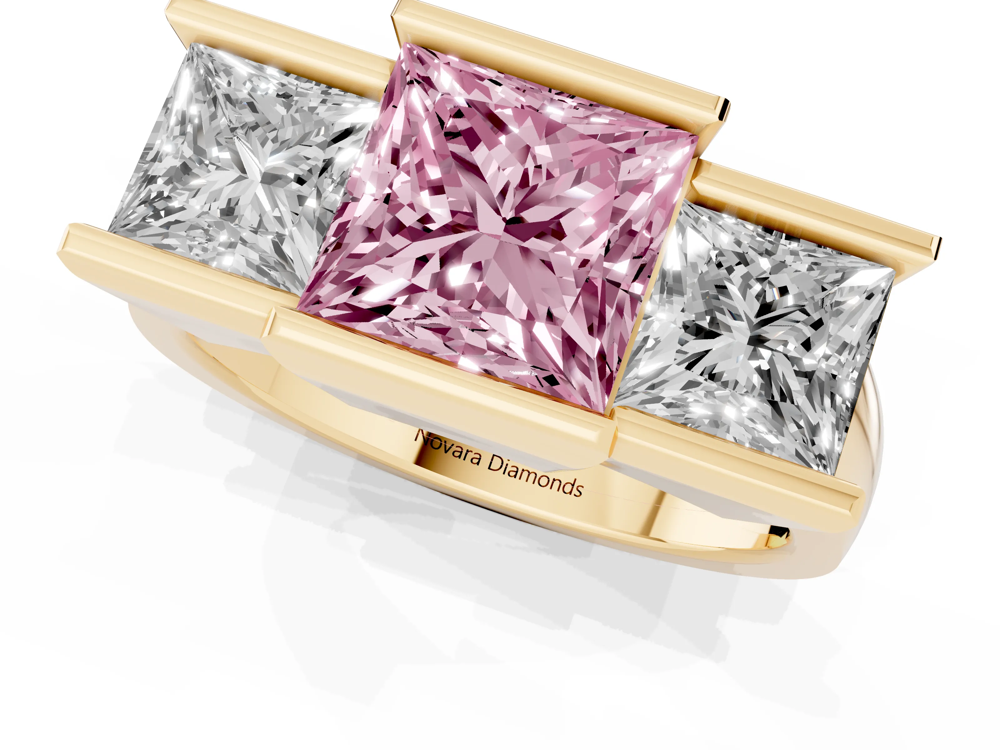 Fancy Pink Princess Cut Diamond Three-Stone Channel Set Ring Set in Yellow gold with Smooth Polished Band