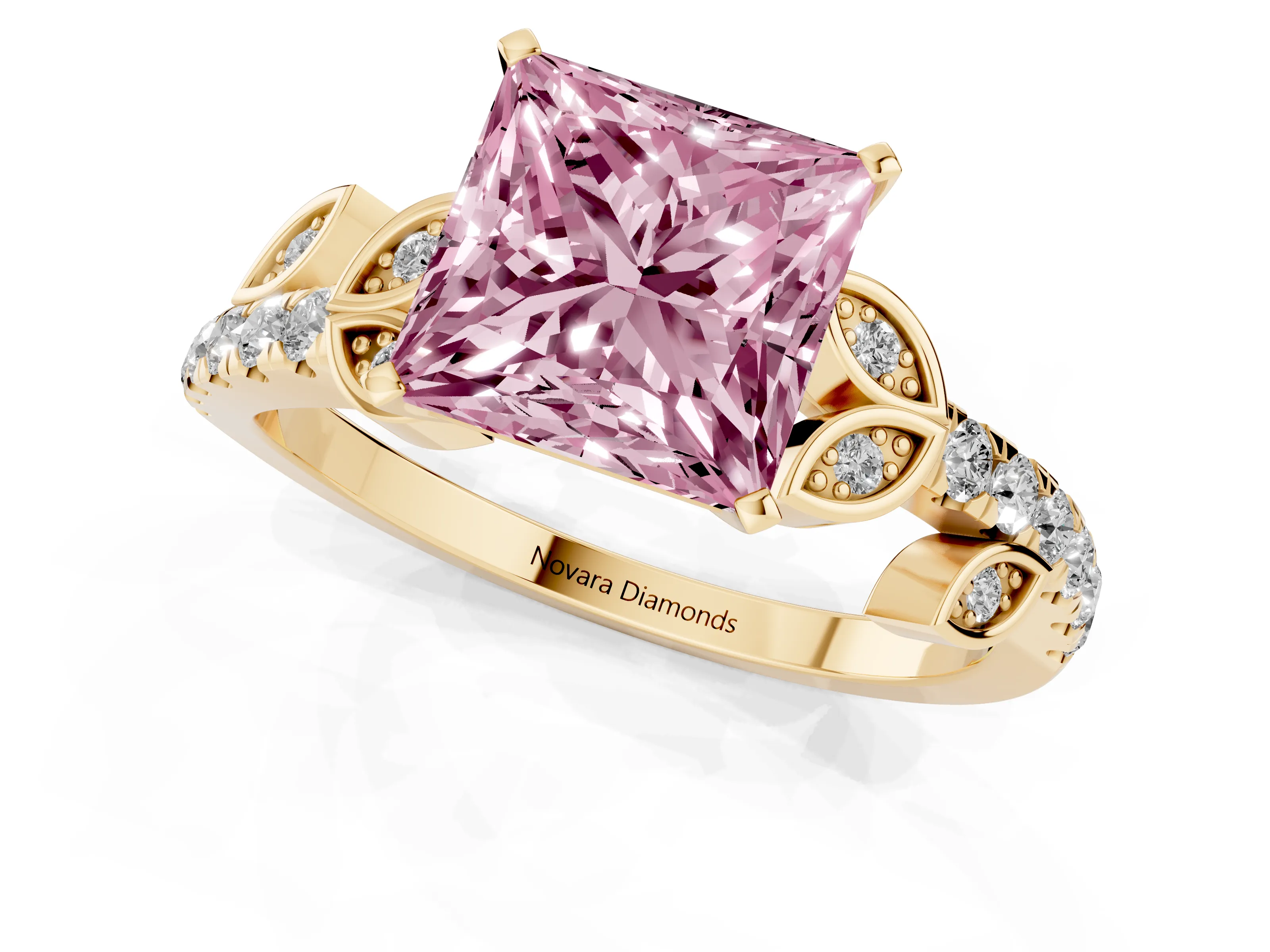 Fancy Pink Princess Cut Diamond Solitaire Leaf-Inspired Ring Set in Yellow gold with Pavé Band and Prong Setting