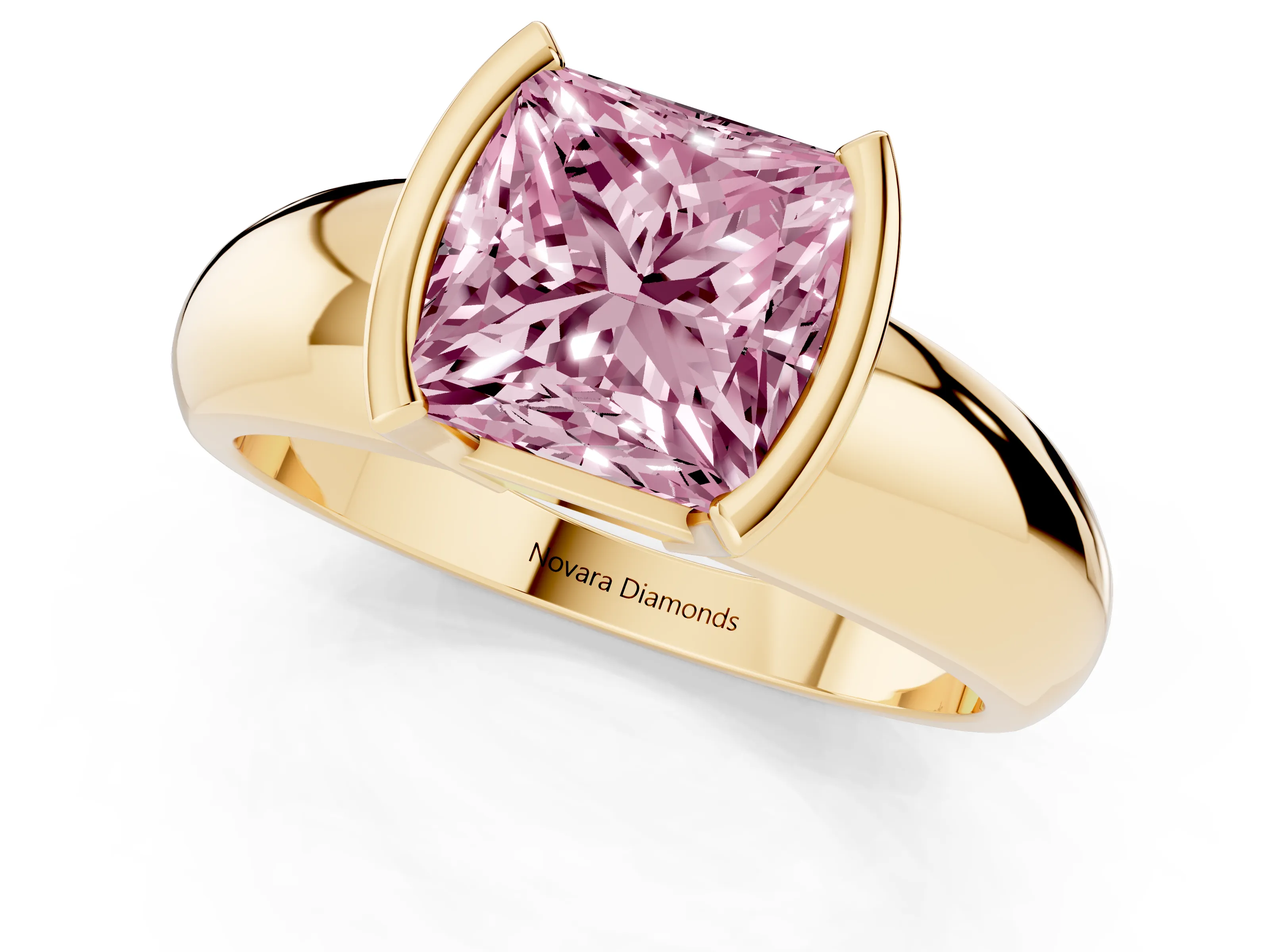 Fancy Pink Princess Cut Diamond Solitaire Tension Set Ring Set in Yellow gold with Wide Band