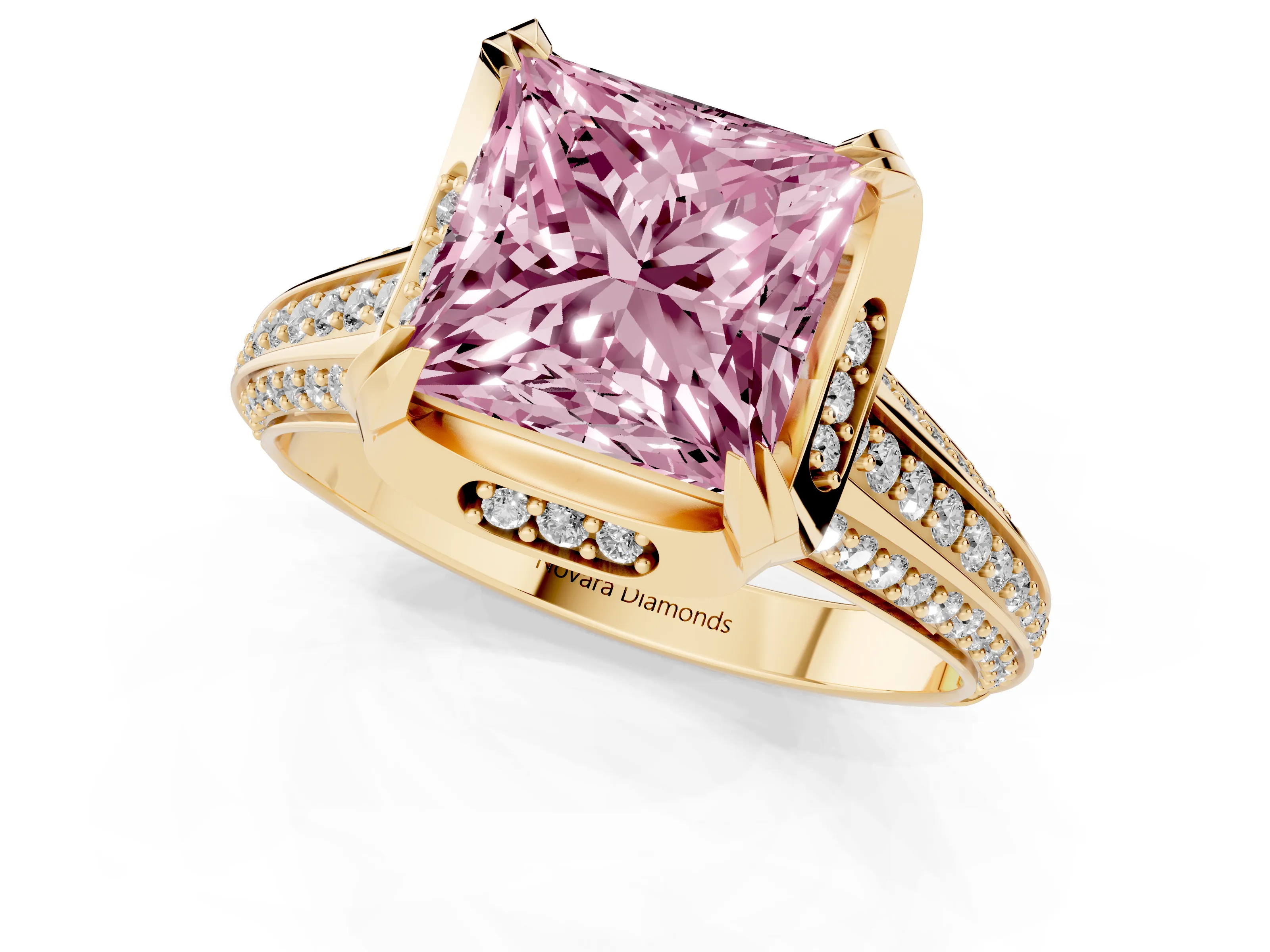 Fancy Pink Princess Cut Diamond Pavé Split Shank Solitaire Ring Set in Yellow gold with Prong Setting
