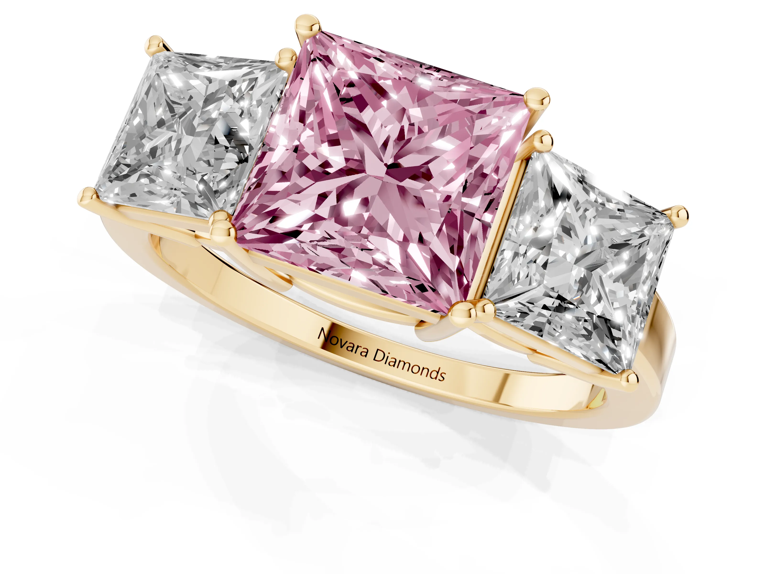 Fancy Pink Princess Cut Diamond Three-Stone Engagement Ring Set in Yellow gold with Flat Band