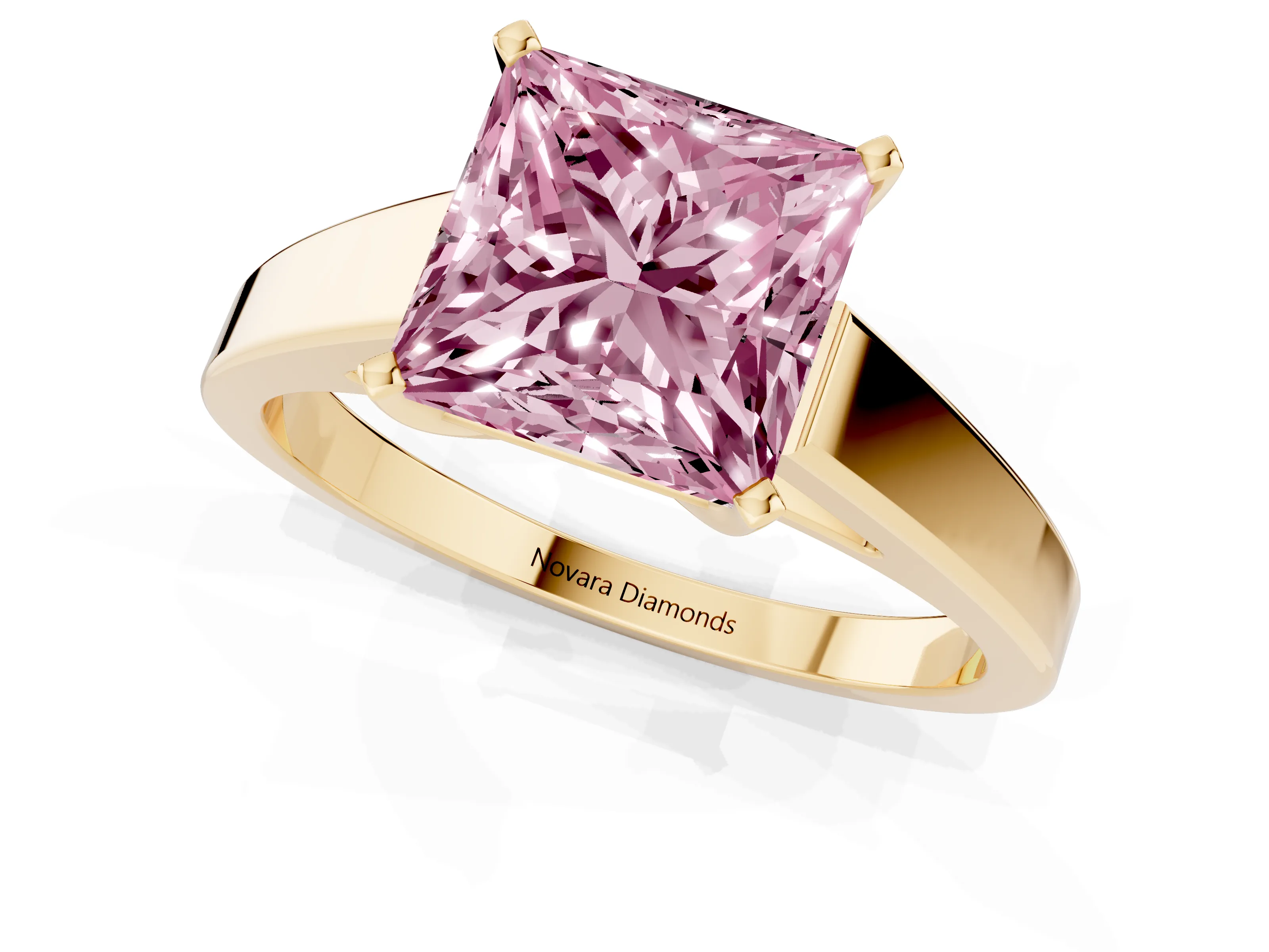 Fancy Pink Princess Cut Diamond Solitaire Engagement Ring Set in Yellow gold with Prong Setting and Tapered Band