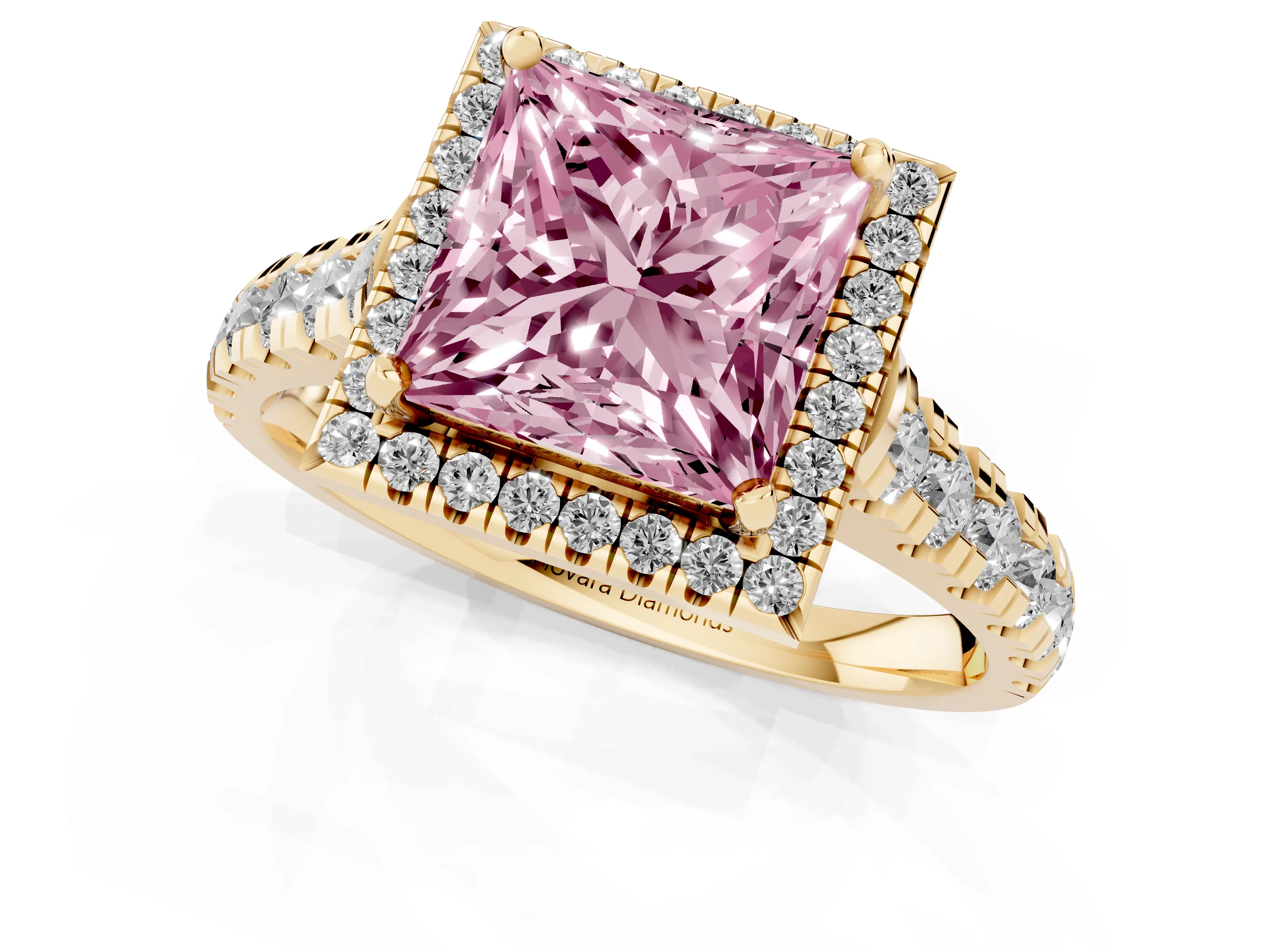 Fancy Pink Princess Cut Diamond Halo Engagement Ring Set in Yellow gold with Pavé Band and Prong-Set Center