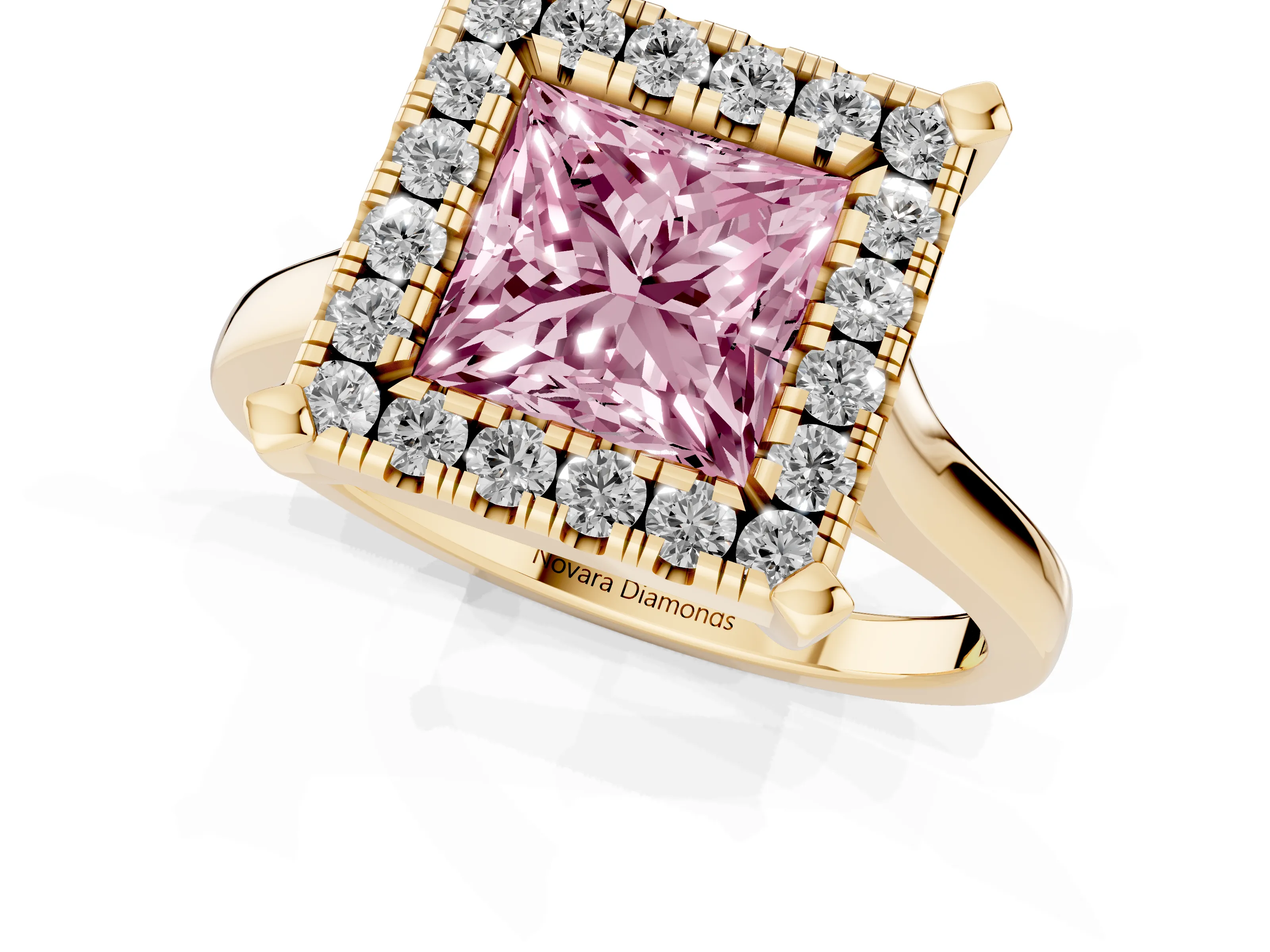 Fancy Pink Princess Cut Diamond Cluster Halo Solitaire Ring Set in Yellow gold with Prong Setting