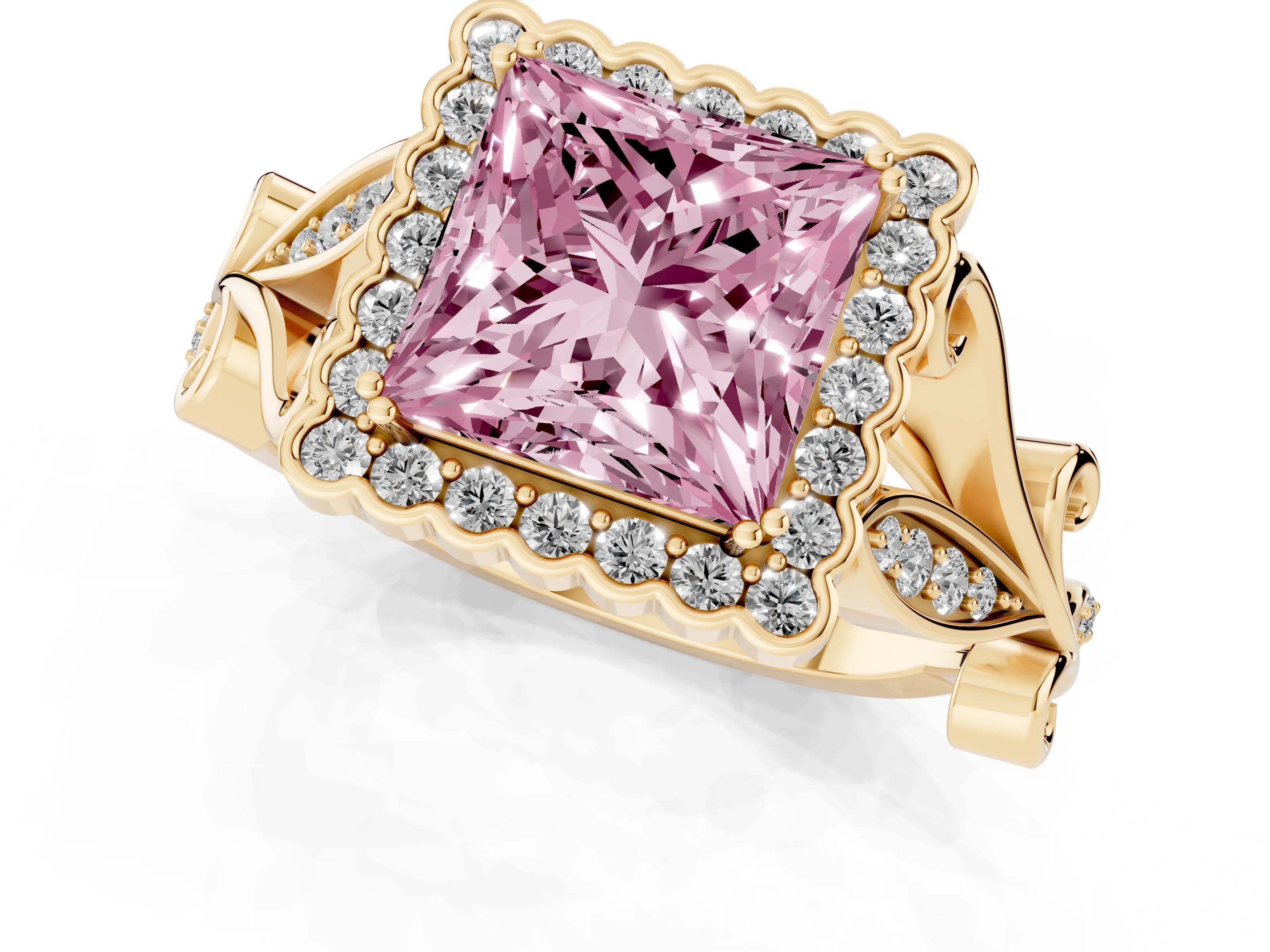 Fancy Pink Princess Cut Diamond Halo Ring Set in Yellow gold with Leaf Motif Split Shank and Prong Setting
