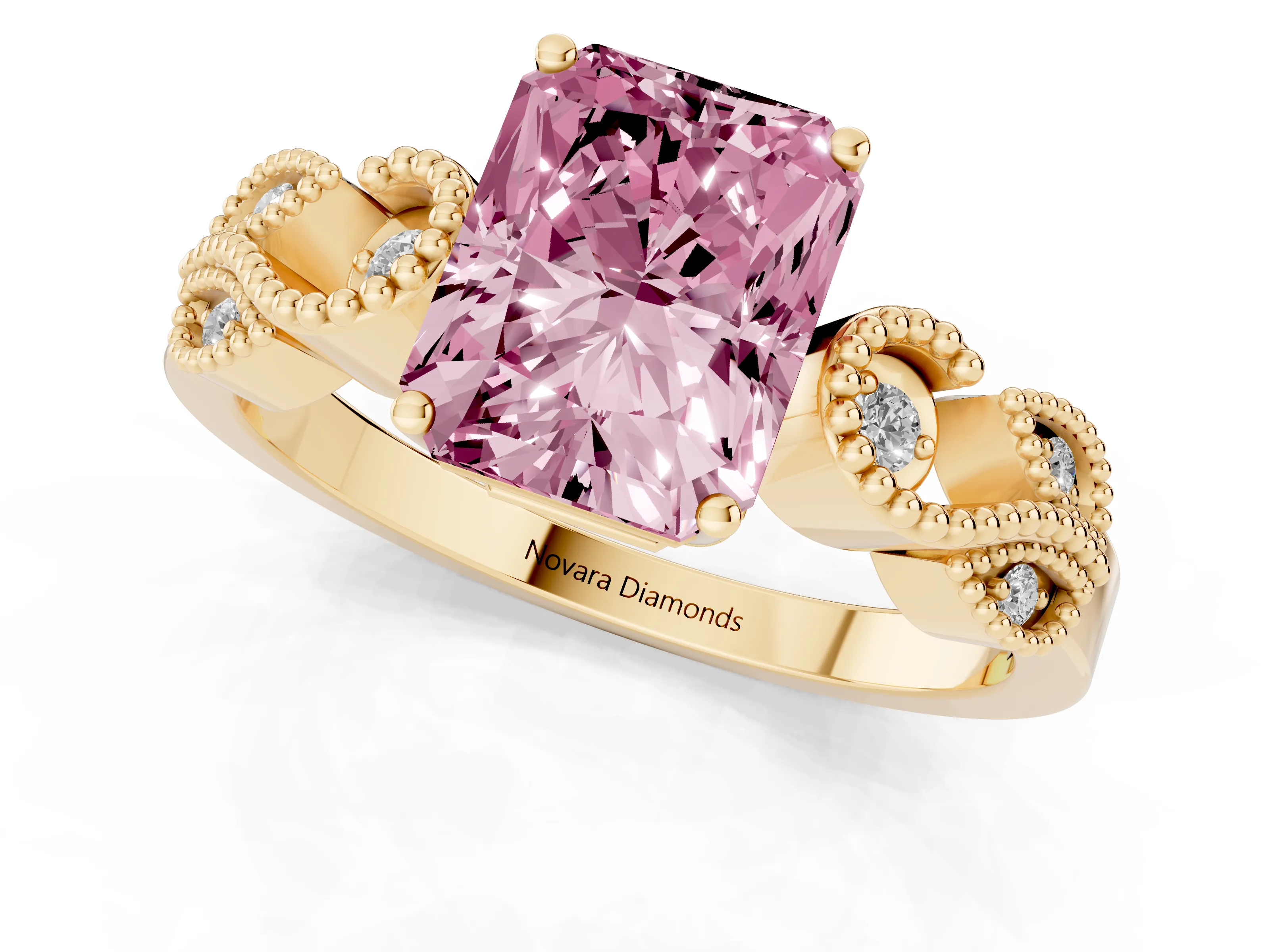 Fancy Pink Princess Cut Diamond Milgrain Leaf Band Solitaire Ring Set in Yellow gold with Accent Stones and Prong Setting