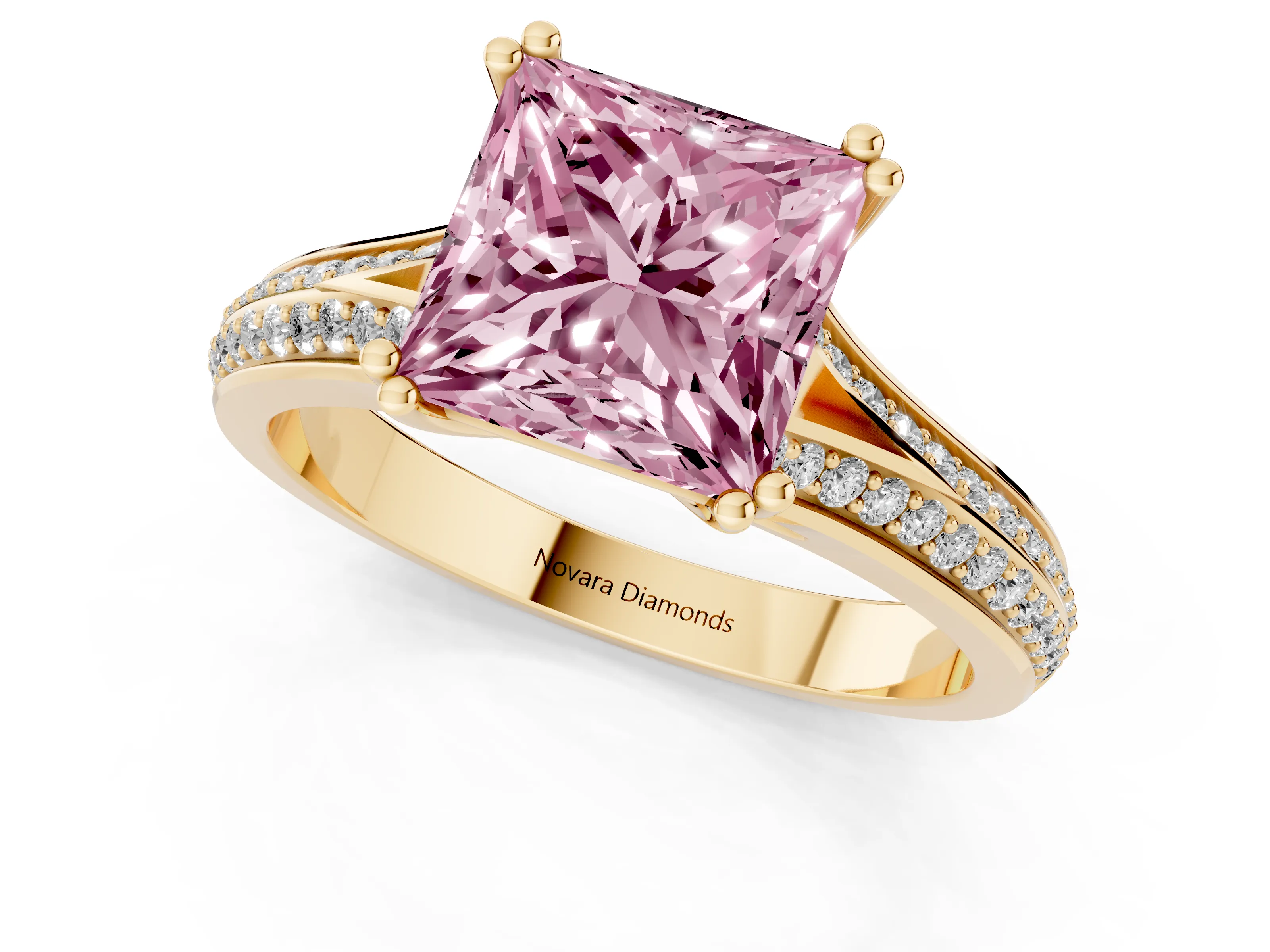 Fancy Pink Princess Cut Diamond Split Shank Pavé Engagement Ring Set in Yellow gold with Prong-Set Center Stone
