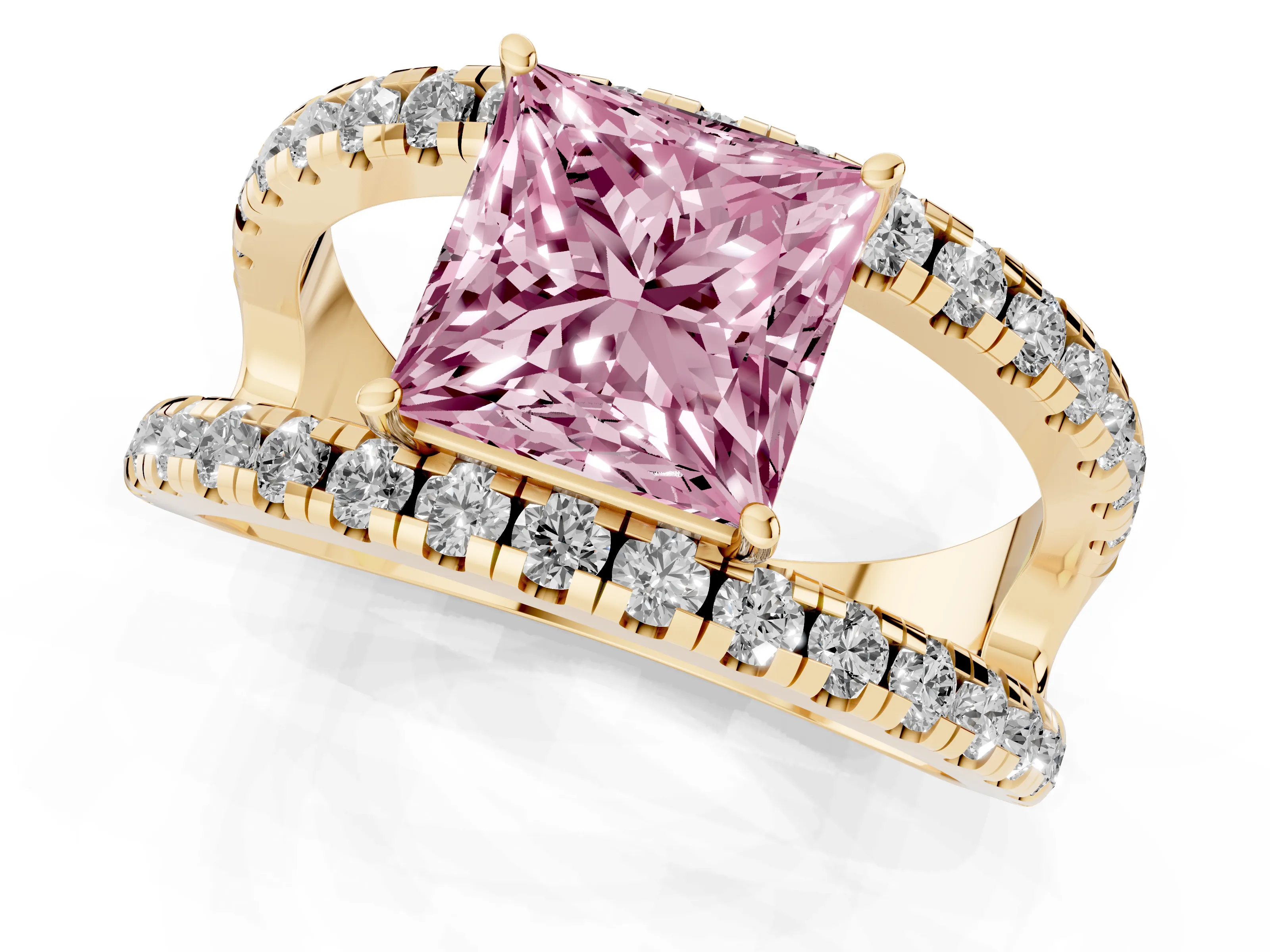Fancy Pink Princess Cut Diamond Split Shank Pavé Solitaire Ring Set in Yellow gold with Open Shank Design