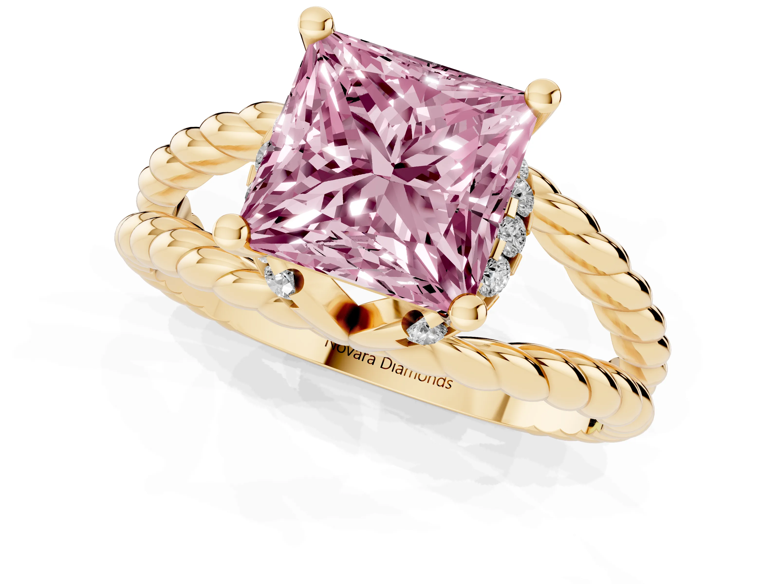 Fancy Pink Princess Cut Diamond Halo Ring Set in Yellow gold with Twisted Band and Prong Setting