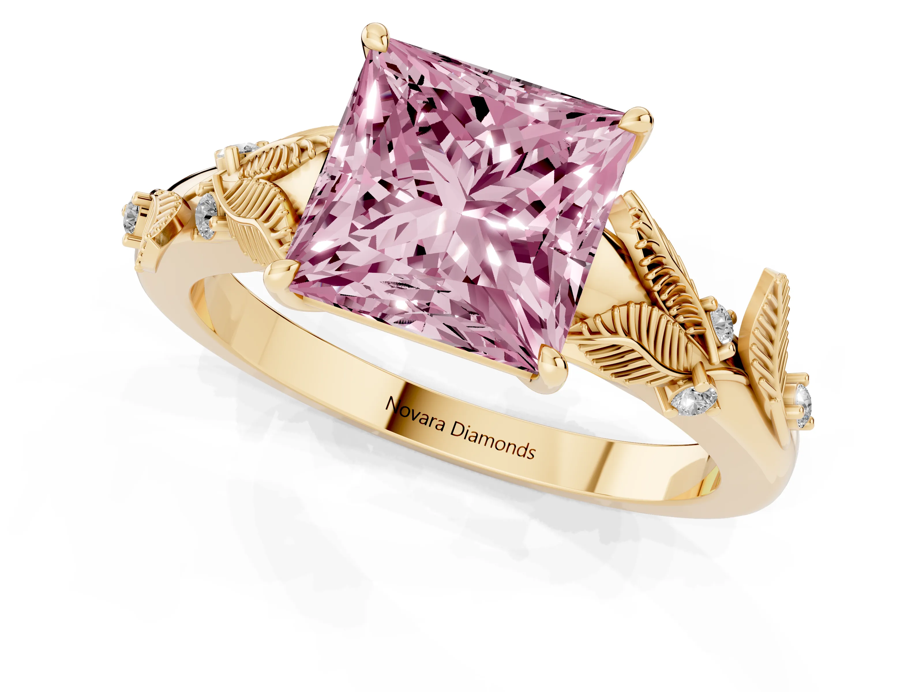 Fancy Pink Princess Cut Diamond Solitaire Ring Set in Yellow gold with Leaf Motif Band