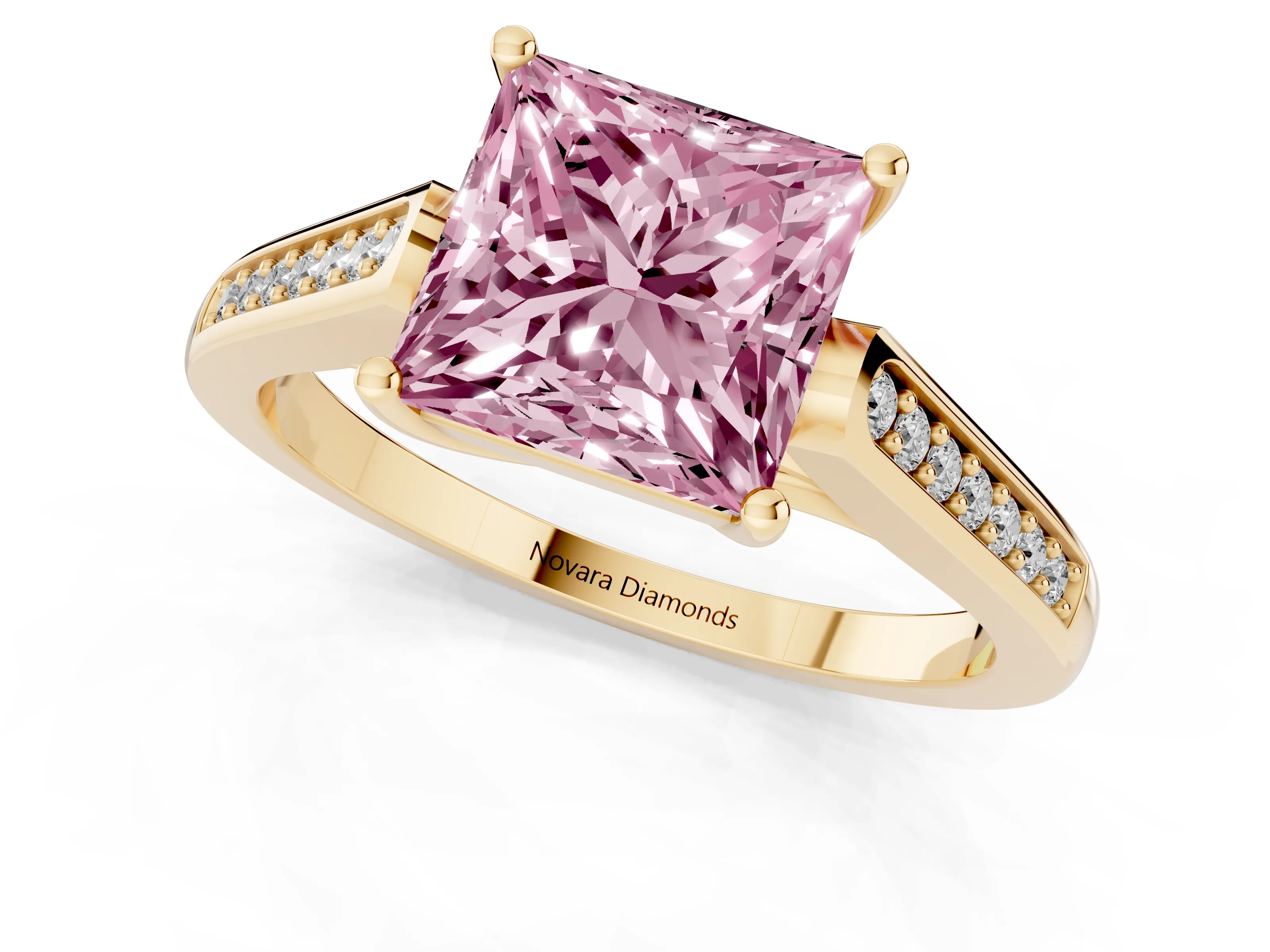 Fancy Pink Princess Cut Diamond Solitaire Cathedral Engagement Ring Set in Yellow gold with Channel-Set Band and Prong Setting