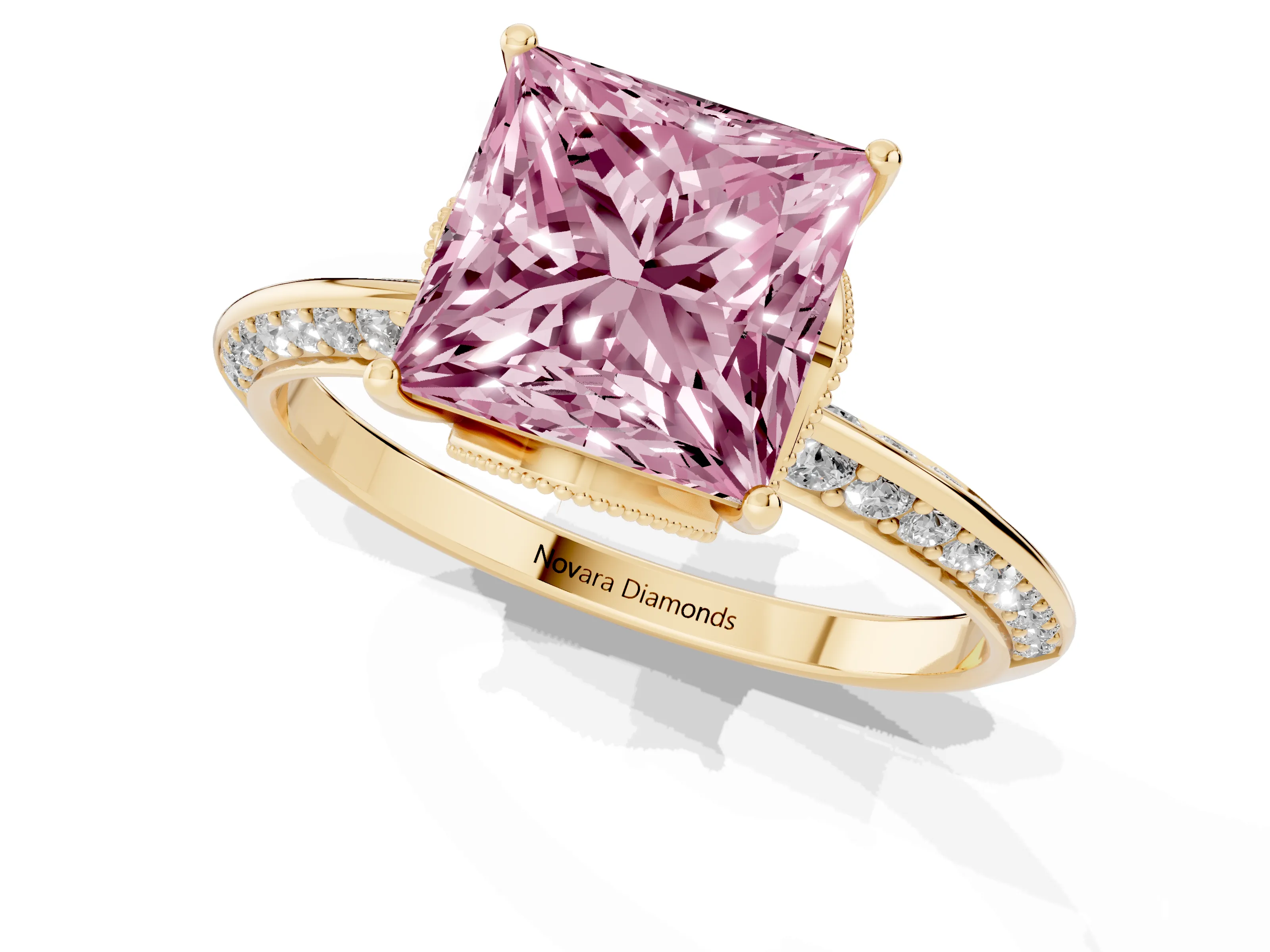 Fancy Pink Princess Cut Diamond Solitaire Engagement Ring Set in Yellow gold with Pavé Split Shank and Prong Setting