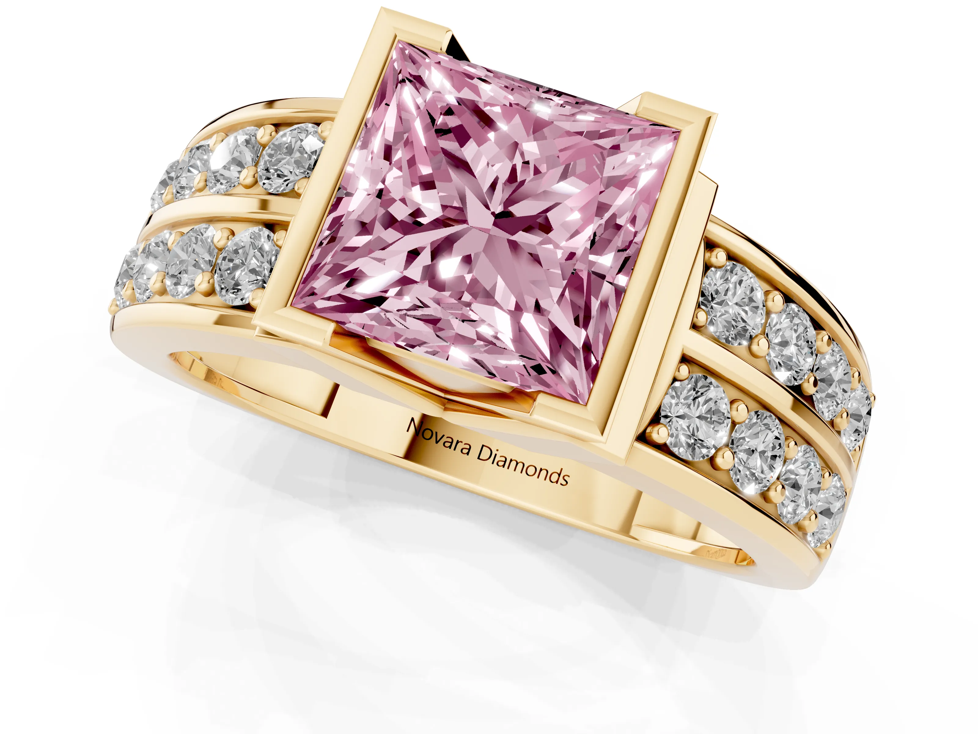 Fancy Pink Princess Cut Diamond Wide Channel Set Band Ring Set in Yellow gold with Bezel Setting