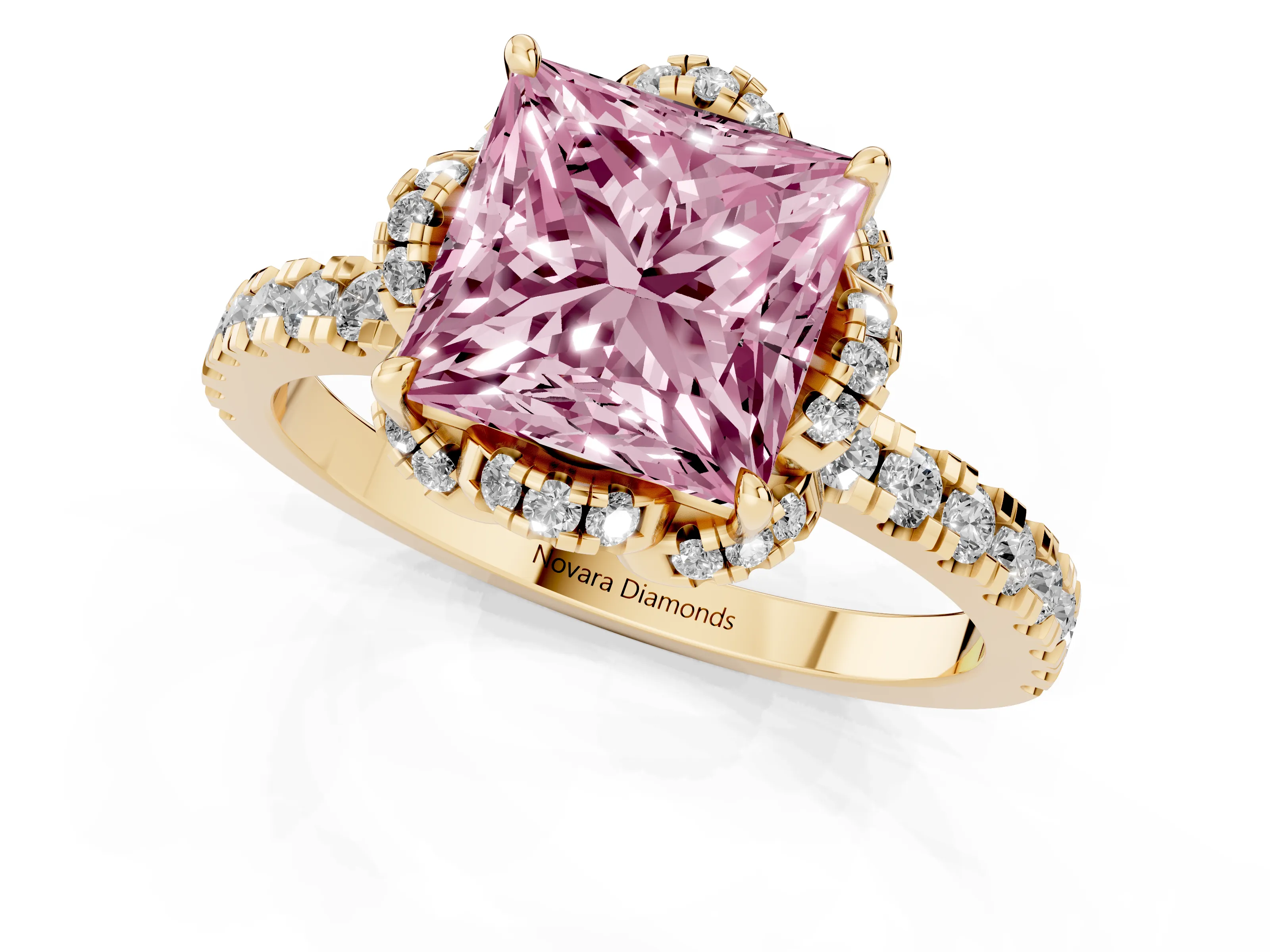 Fancy Pink Princess Cut Diamond Halo Pavé Band Ring Set in Yellow gold with Prong-Held Center