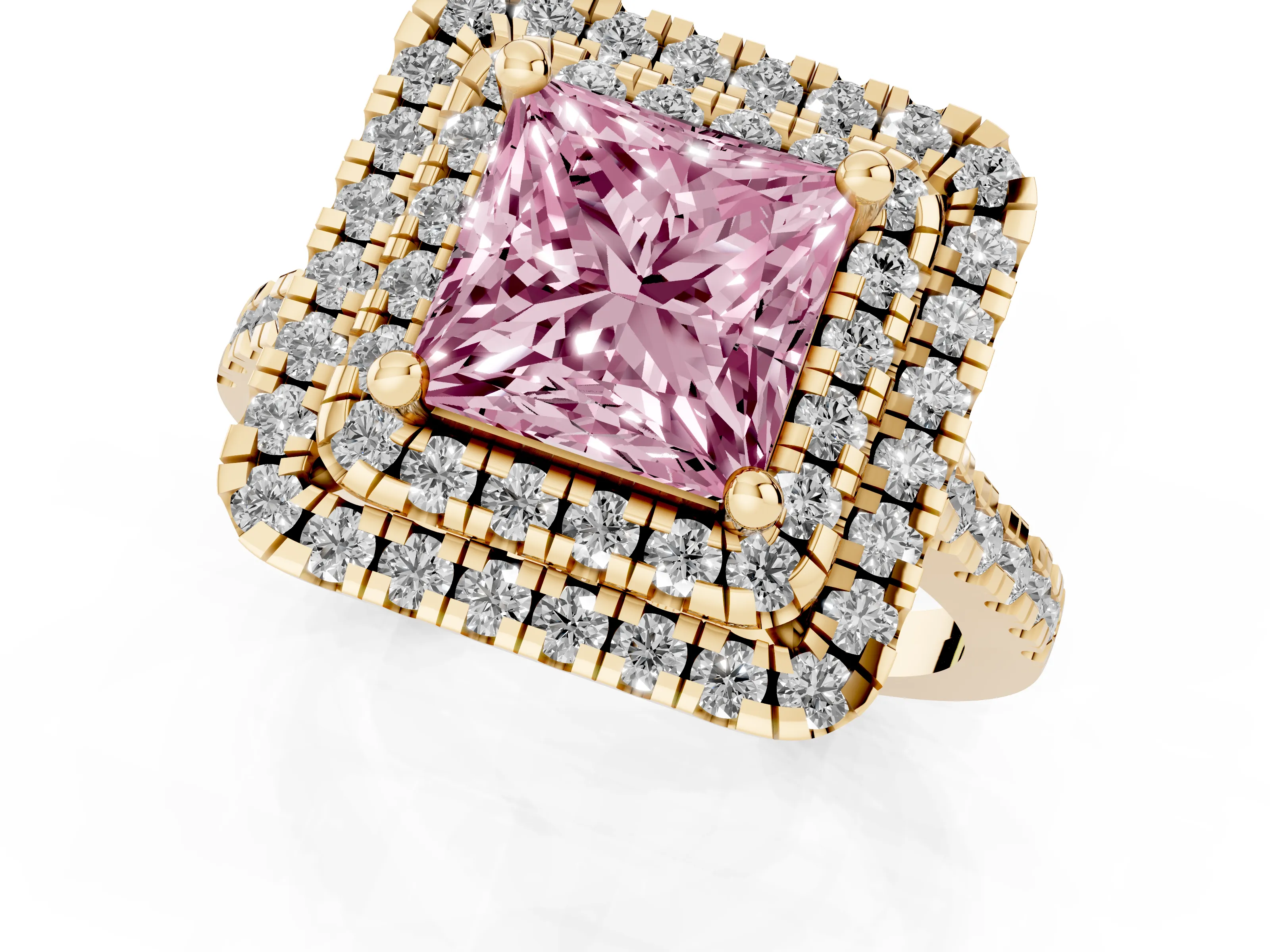 Fancy Pink Princess Cut Diamond Double Halo Statement Ring Set in Yellow gold with Pavé Band