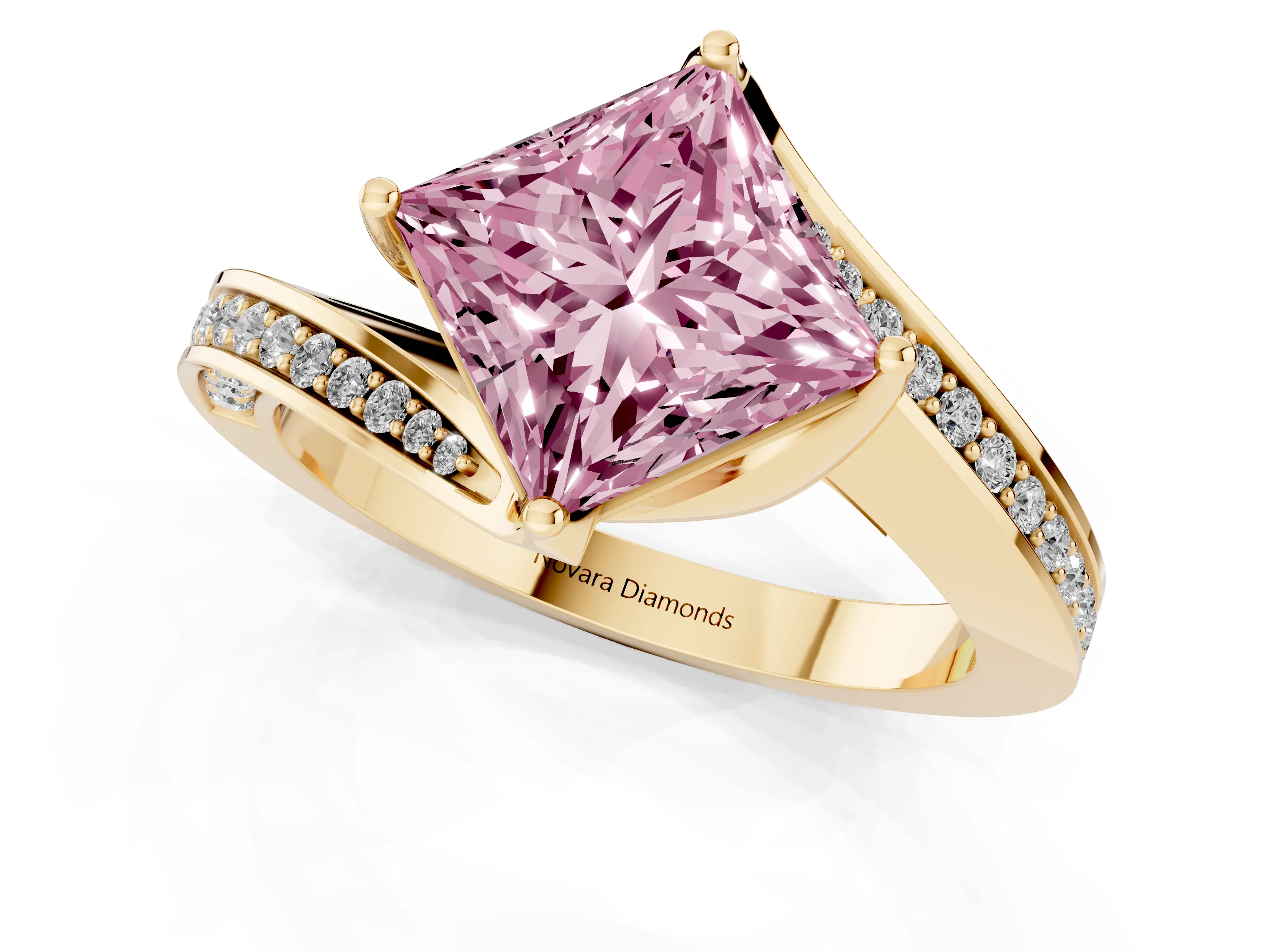 Fancy Pink Princess Cut Diamond Solitaire Ring Set in Yellow gold with Intertwined Pavé Twist Band