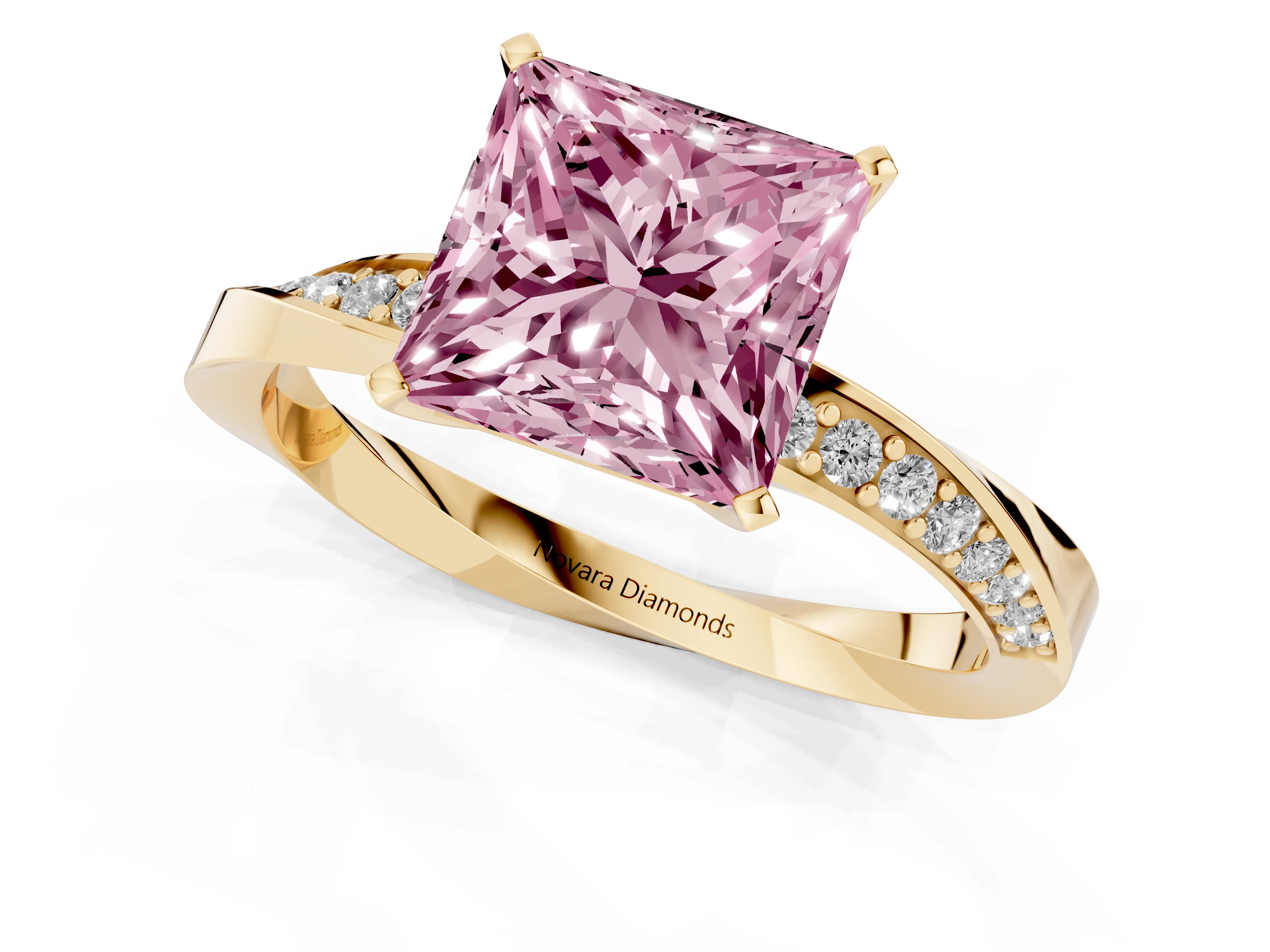 Fancy Pink Princess Cut Diamond Engagement Ring Set in Yellow gold with Side Stone Accents and Prong Setting