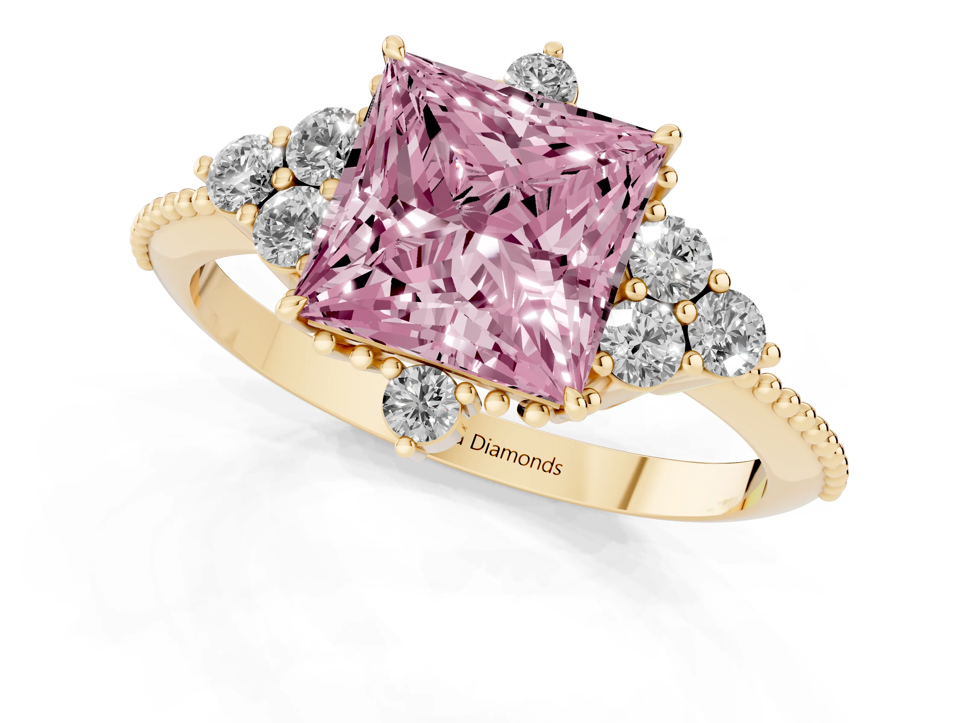 Fancy Pink Princess Cut Diamond Cluster Ring Set in Yellow gold with Beaded Band