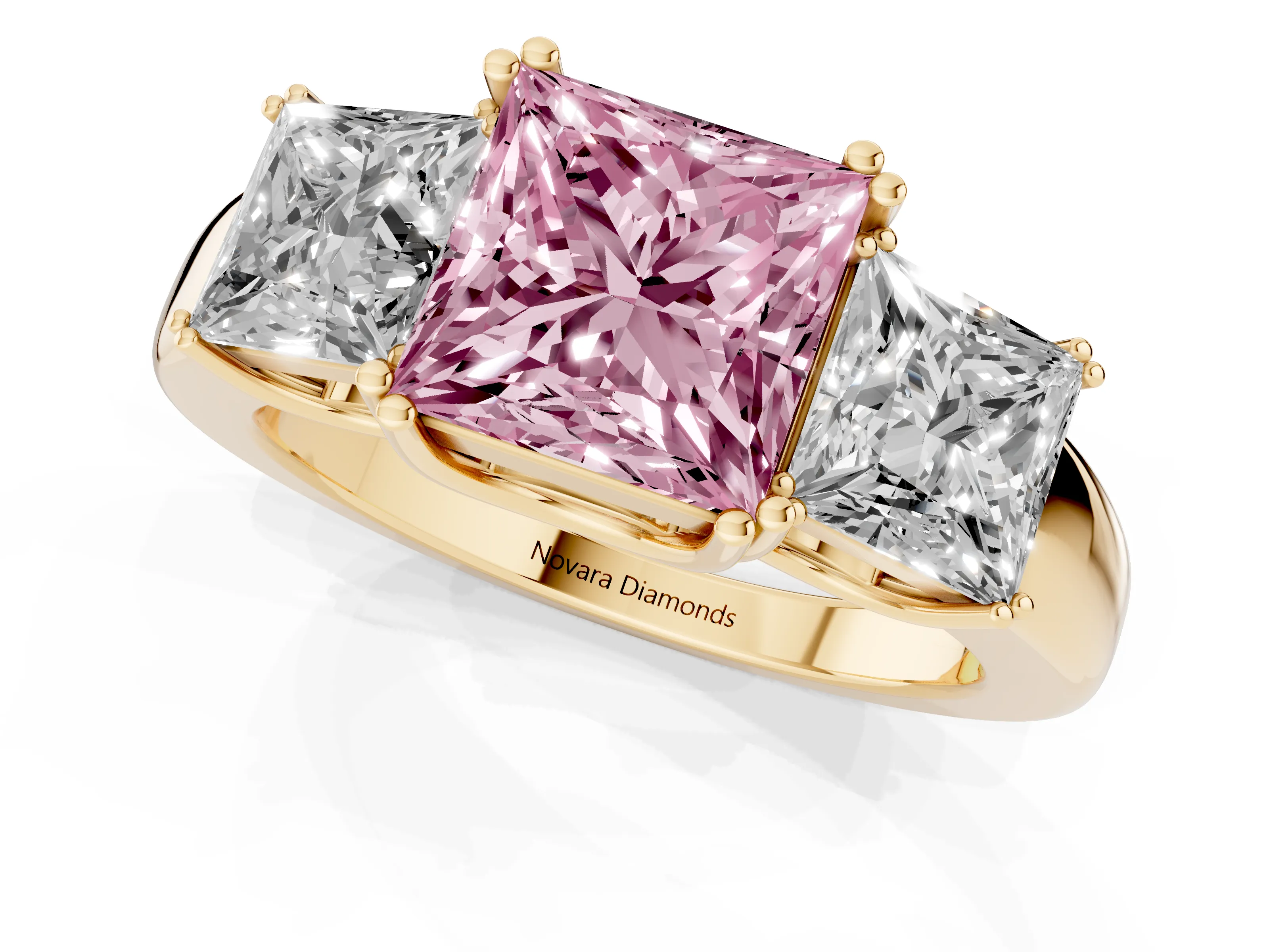 Fancy Pink Princess Cut Diamond Three-Stone Ring Set in Yellow gold with Polished Channel-Set Band