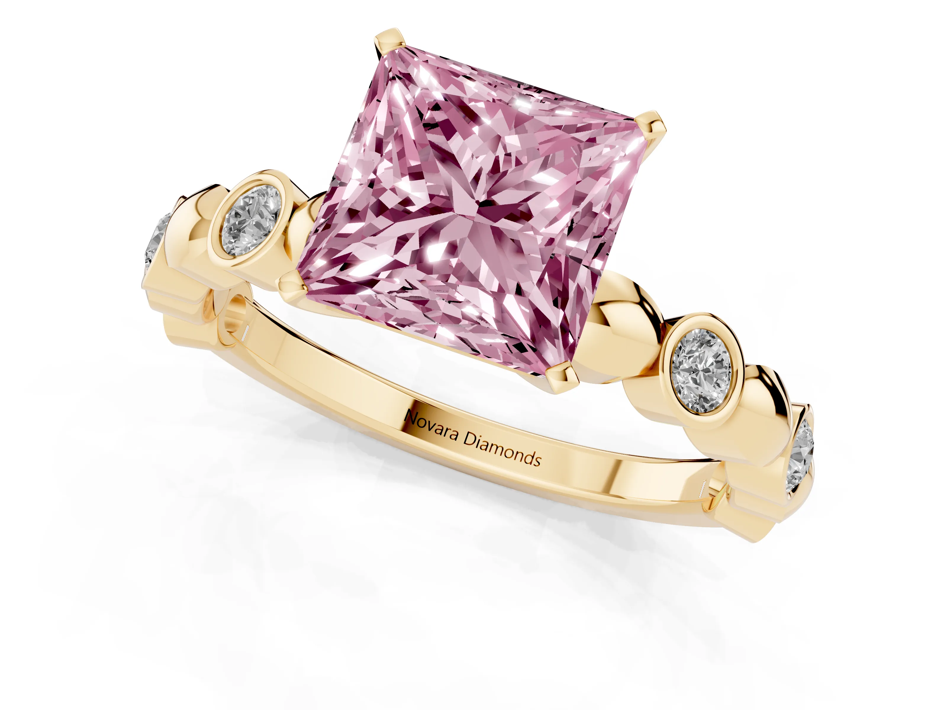 Fancy Pink Princess Cut Diamond Solitaire Ring Set in Yellow gold with Bezel-Set Accents on Beaded Band and Prong Setting
