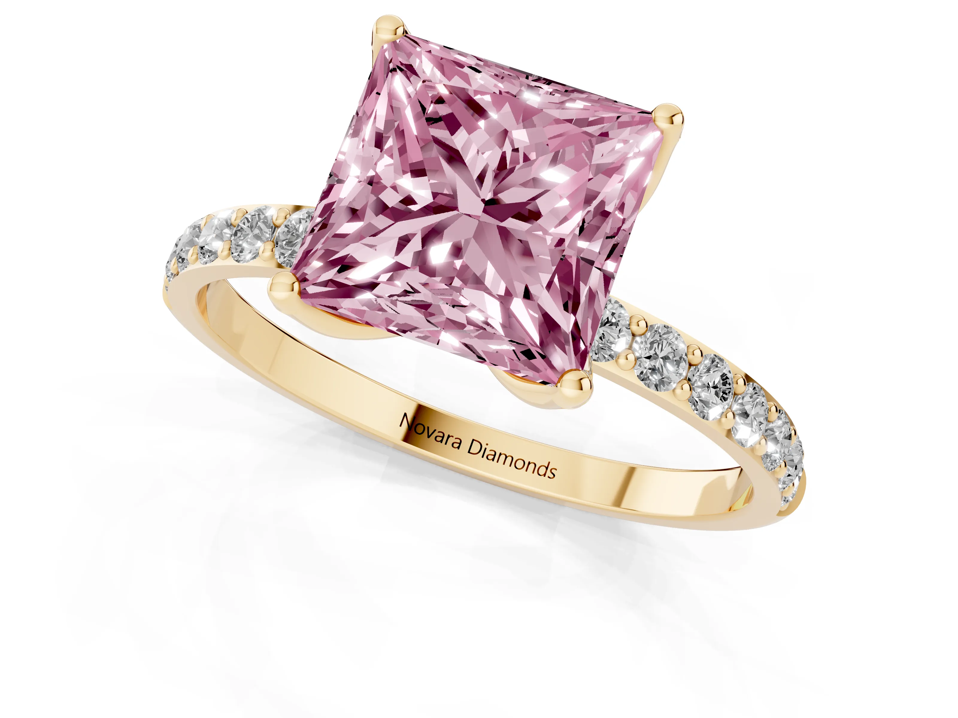 Fancy Pink Princess Cut Diamond Solitaire Engagement Ring Set in Yellow gold with Round Pavé Band and Prong Setting