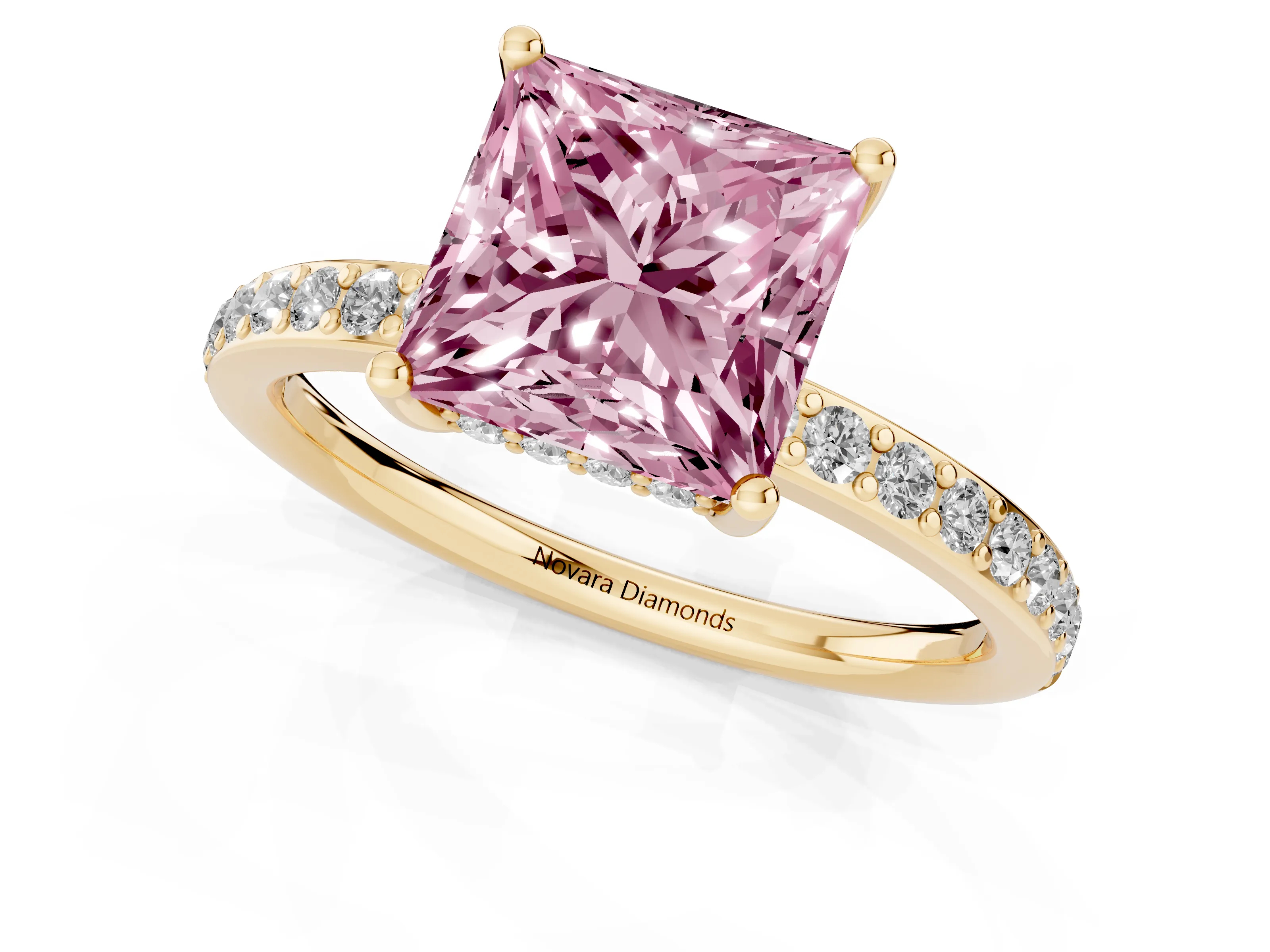 Fancy Pink Princess Cut Diamond Pavé Band Ring Set in Yellow gold with Prong-Set Center Stone
