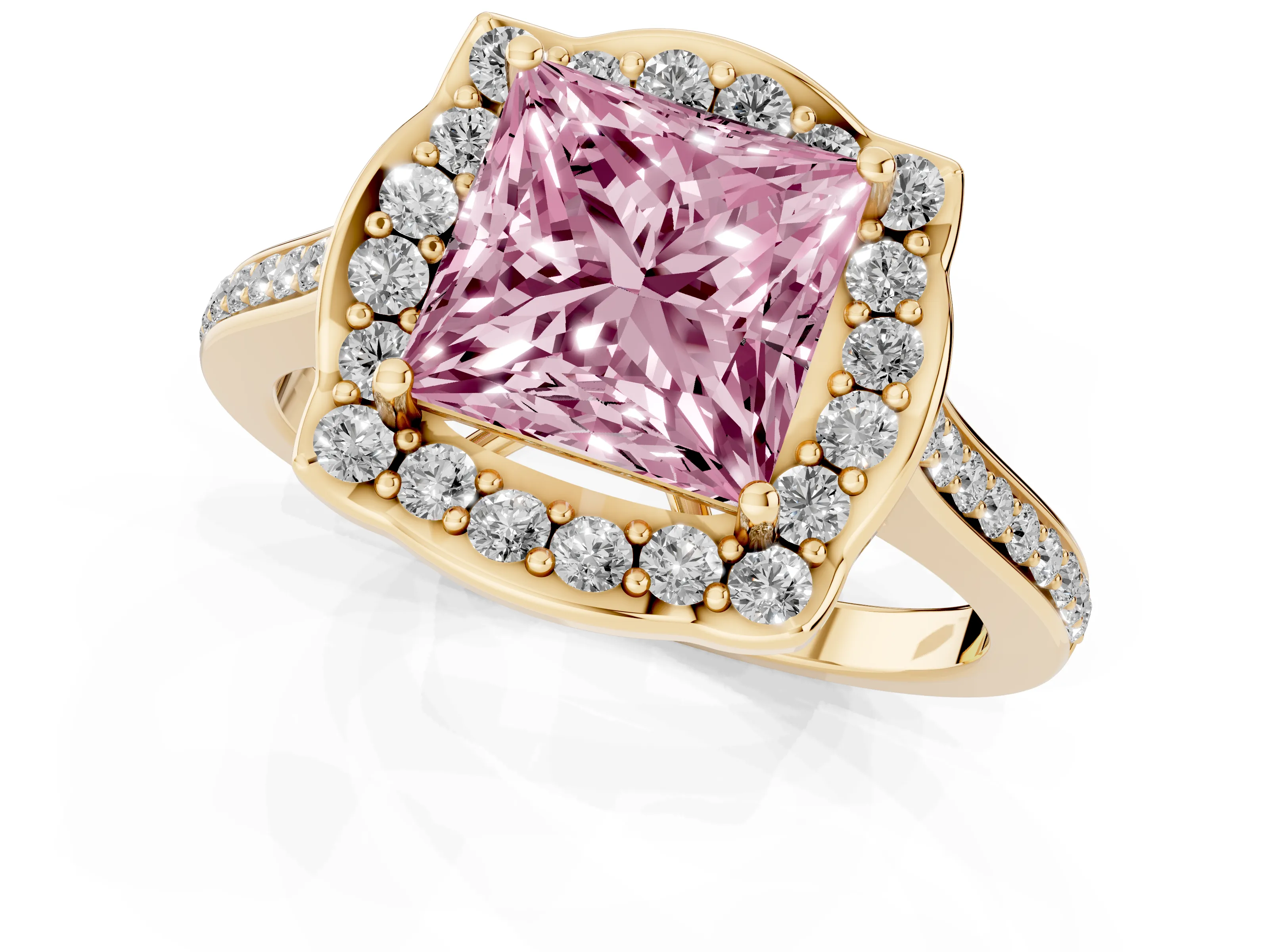 Fancy Pink Princess Cut Diamond Halo Ring Set in Yellow gold with Pavé-Lined Shoulders and Prong Setting
