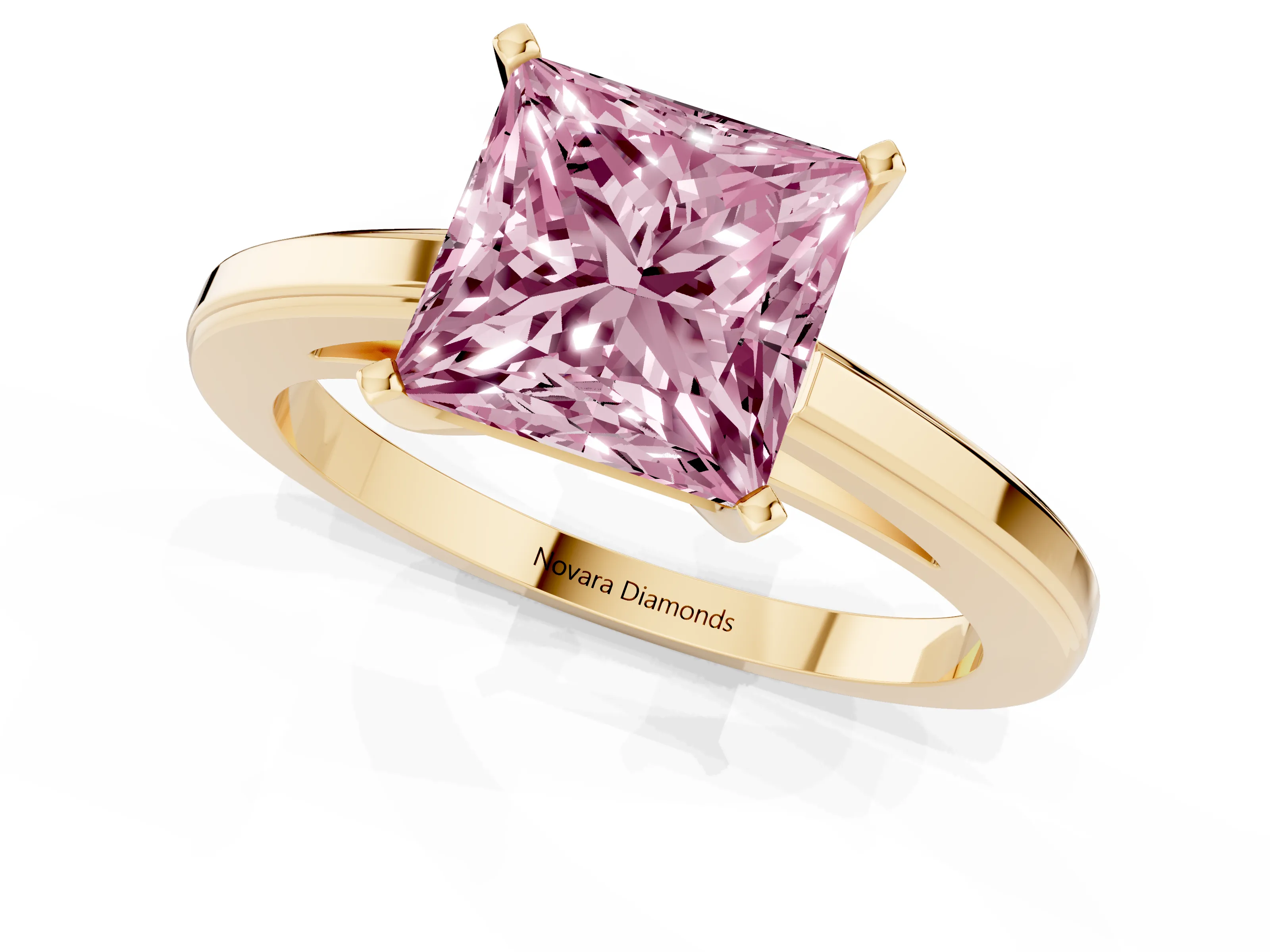 Fancy Pink Princess Cut Diamond Solitaire Ring Set in Yellow gold with Prong Setting and Classic Band