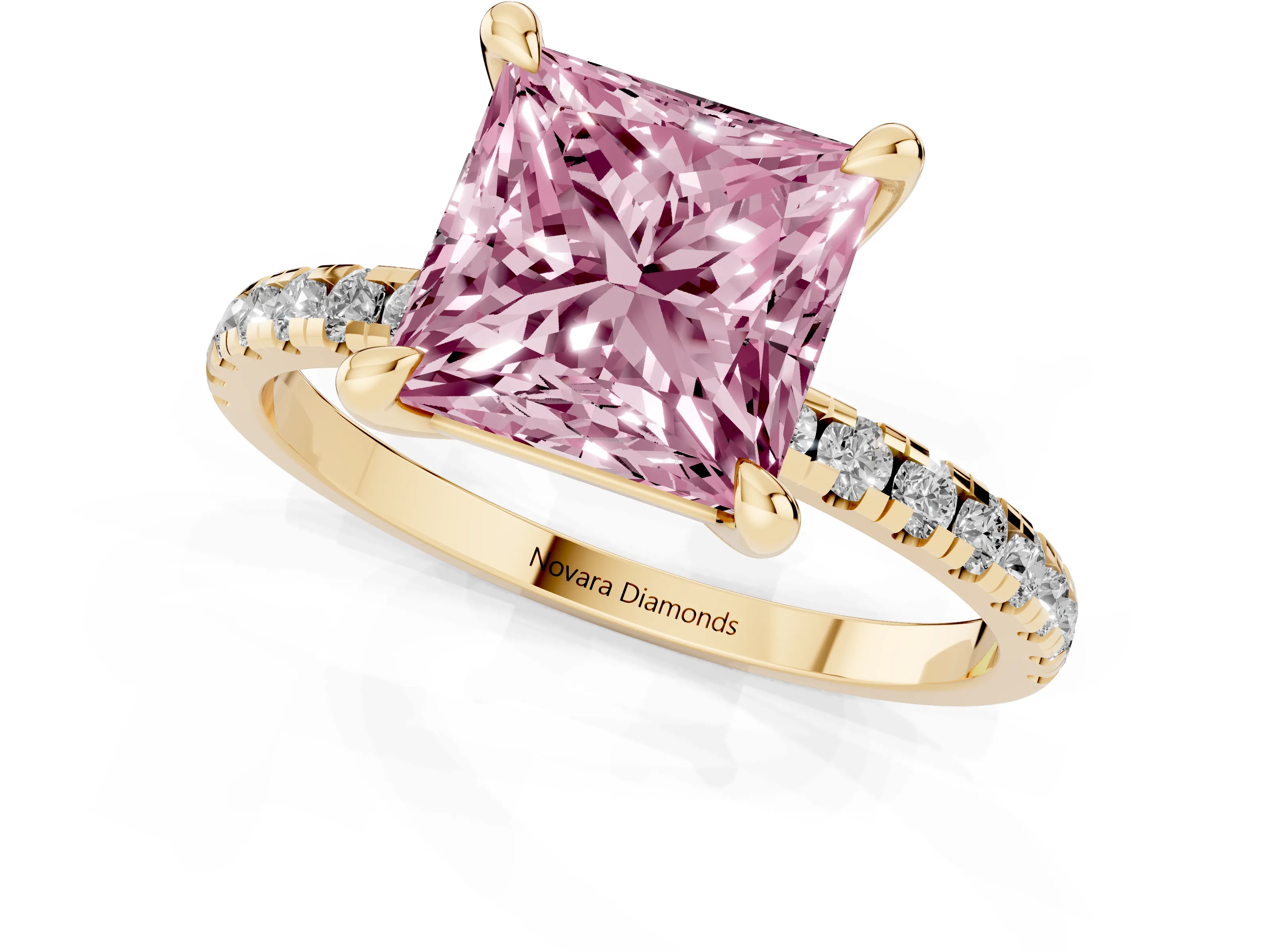Fancy Pink Princess Cut Diamond Brilliant Solitaire Ring Set in Yellow gold with Pavé Band and Prong Setting