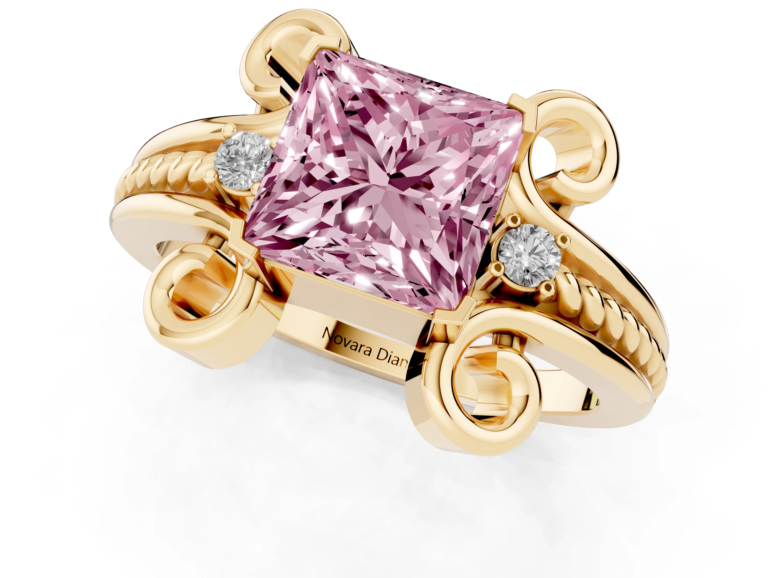 Fancy Pink Princess Cut Diamond Twisted Band Solitaire Ring Set in Yellow gold with Scroll Prongs