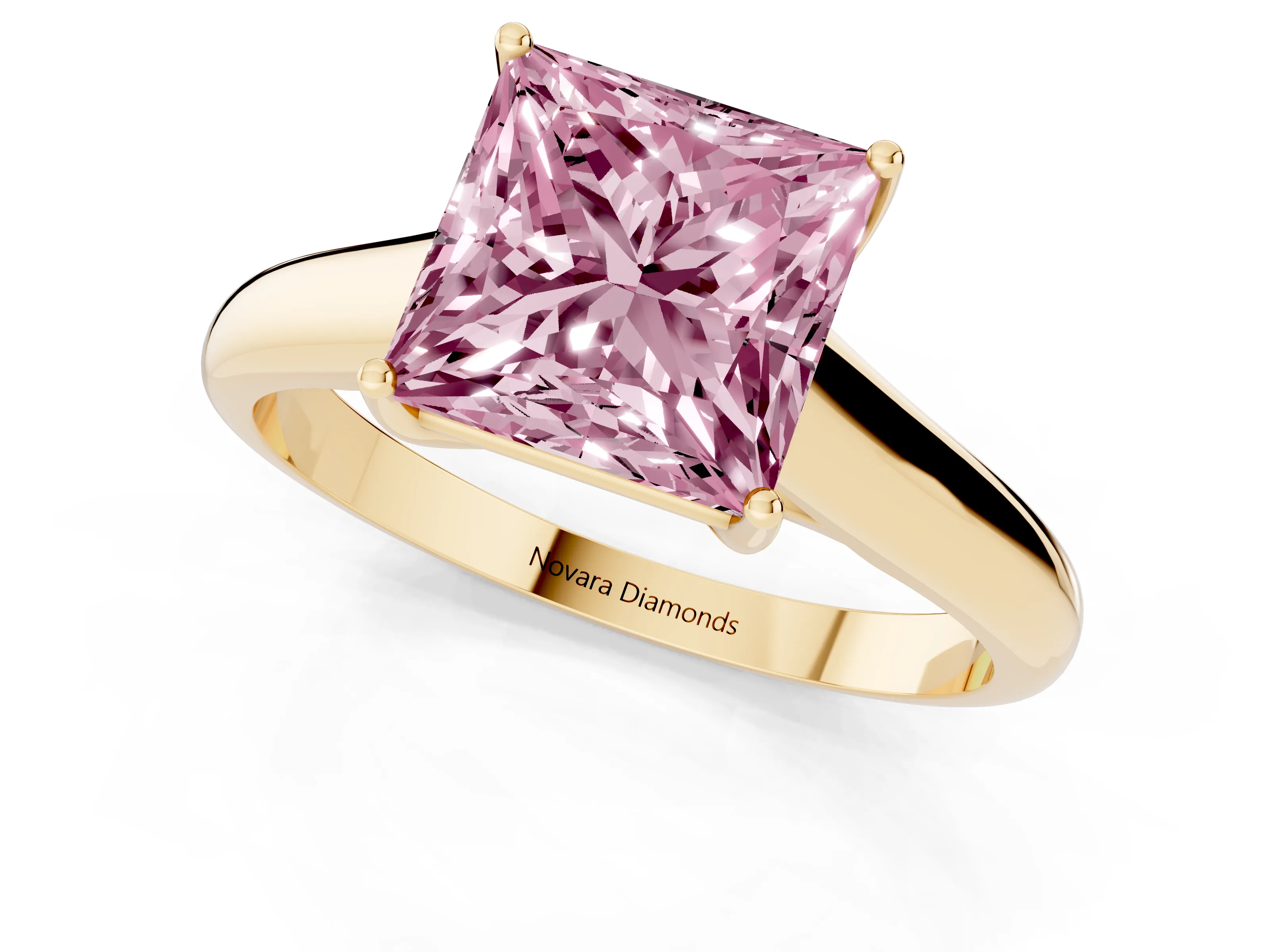 Fancy Pink Princess Cut Diamond Solitaire Engagement Ring Set in Yellow gold with Subtly Tapered Band and Prong Setting