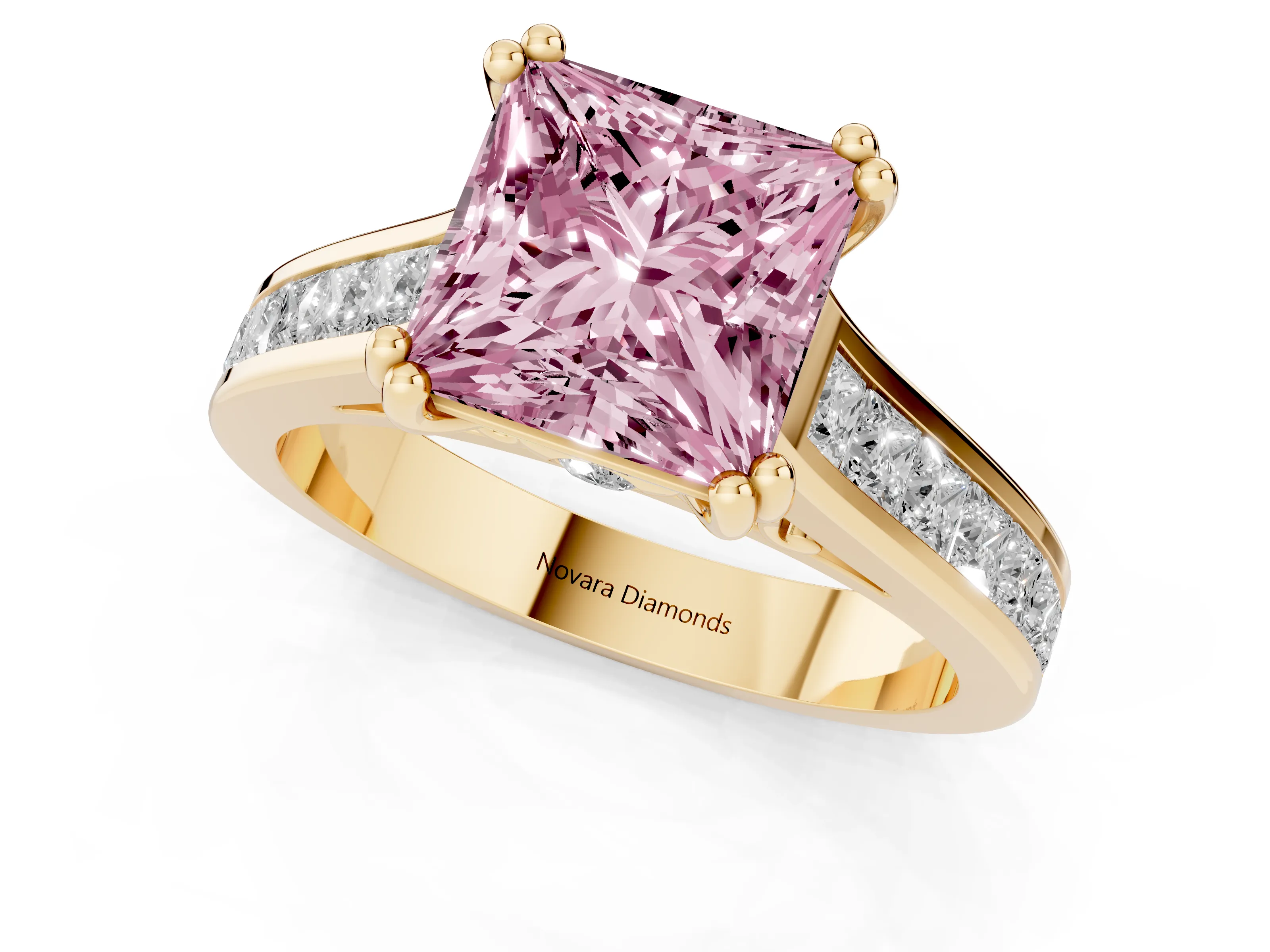 Fancy Pink Princess Cut Diamond Channel Set Solitaire Engagement Ring Set in Yellow gold with Prong Setting