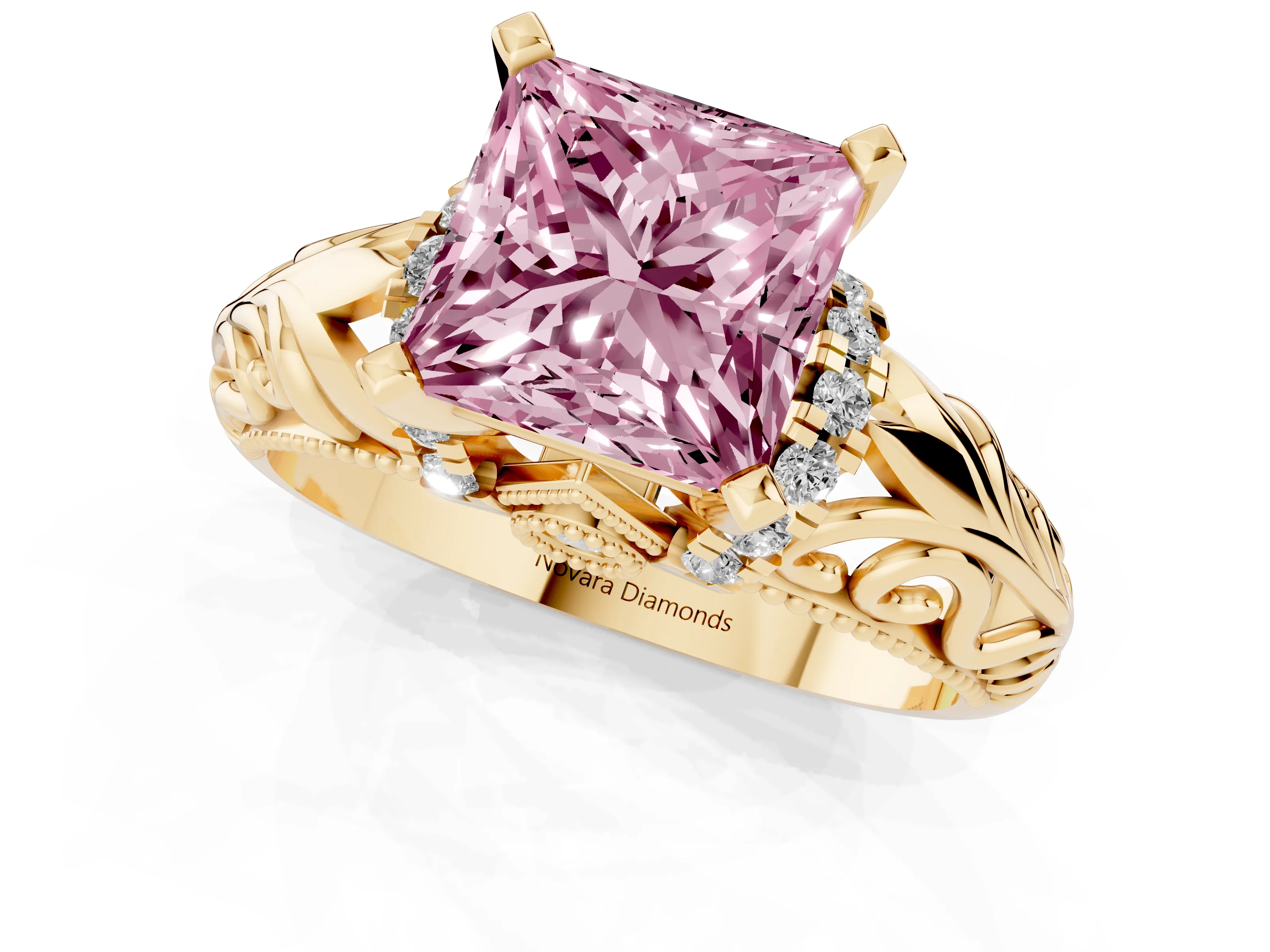 Fancy Pink Princess Cut Diamond Filigree Halo Engagement Ring Set in Yellow gold with Prong Setting