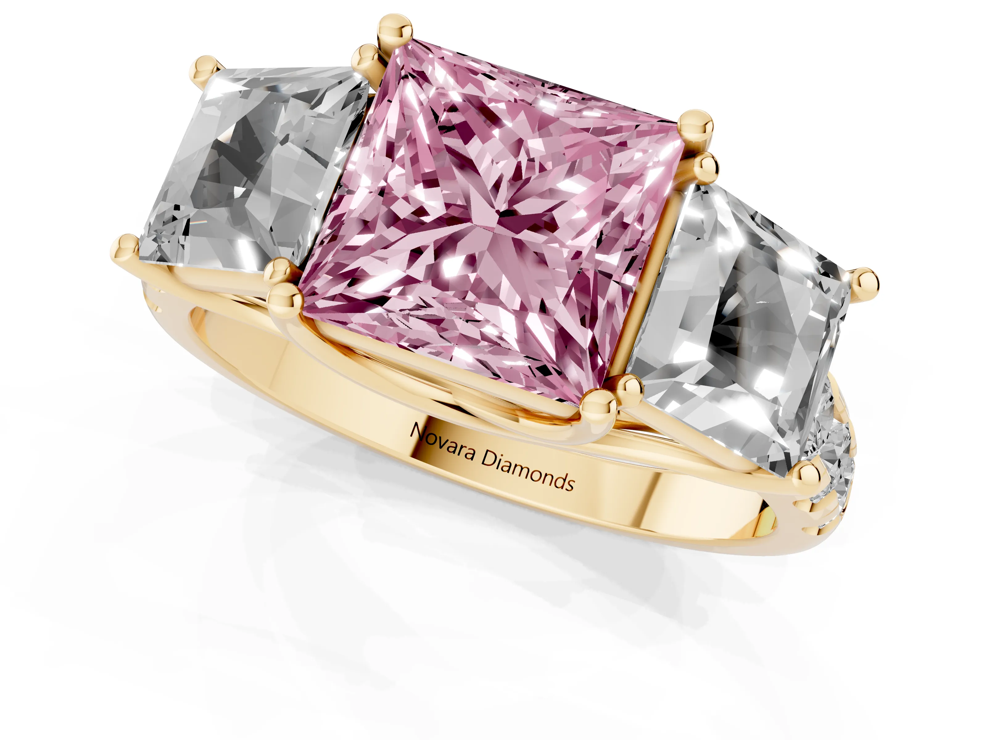 Fancy Pink Princess Cut Diamond Three-Stone Ring Set in Yellow gold with Pavé Band