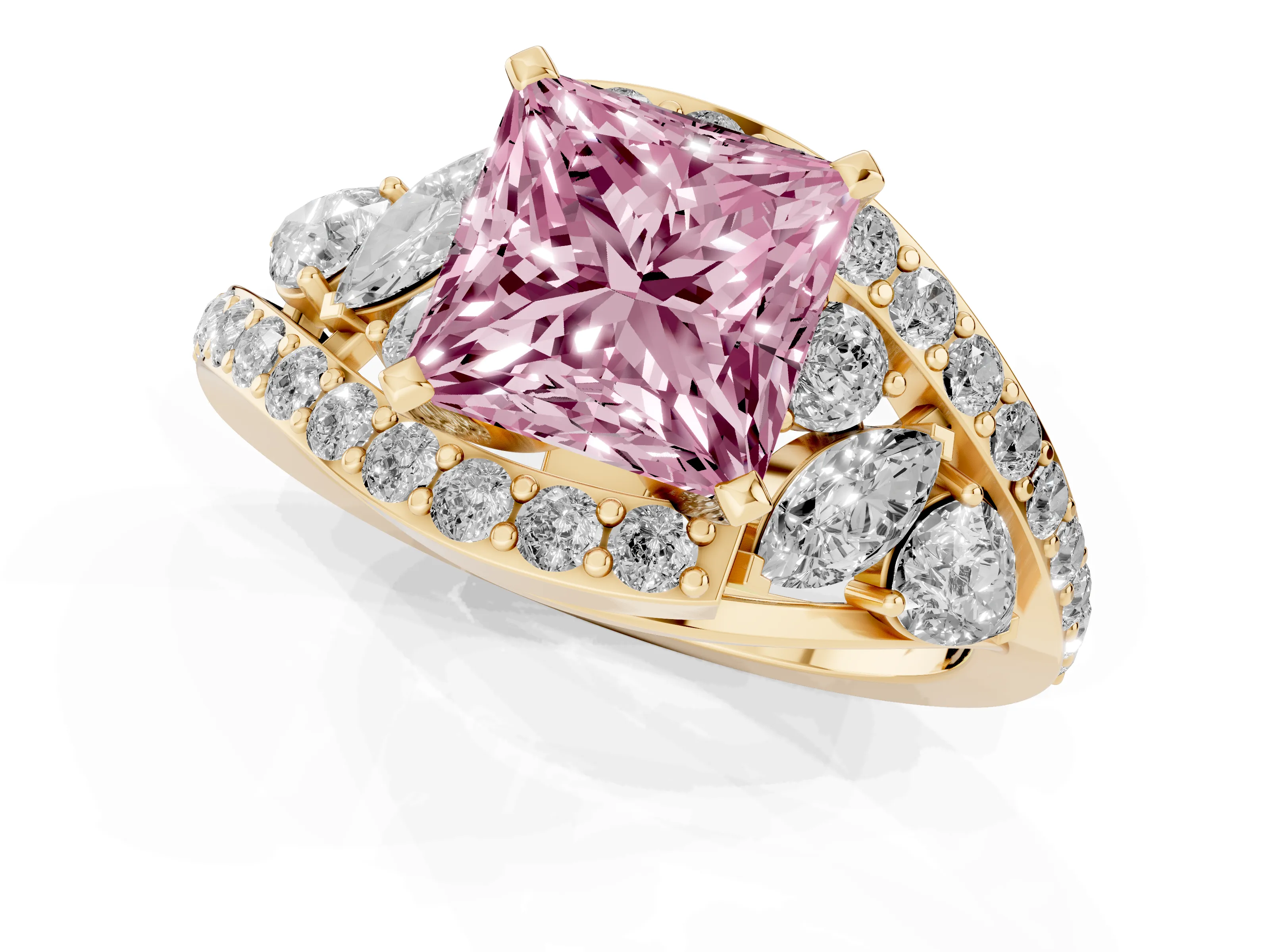 Fancy Pink Princess Cut Diamond Halo Ring Set in Yellow gold with Marquise and Pavé Band in Prong Setting