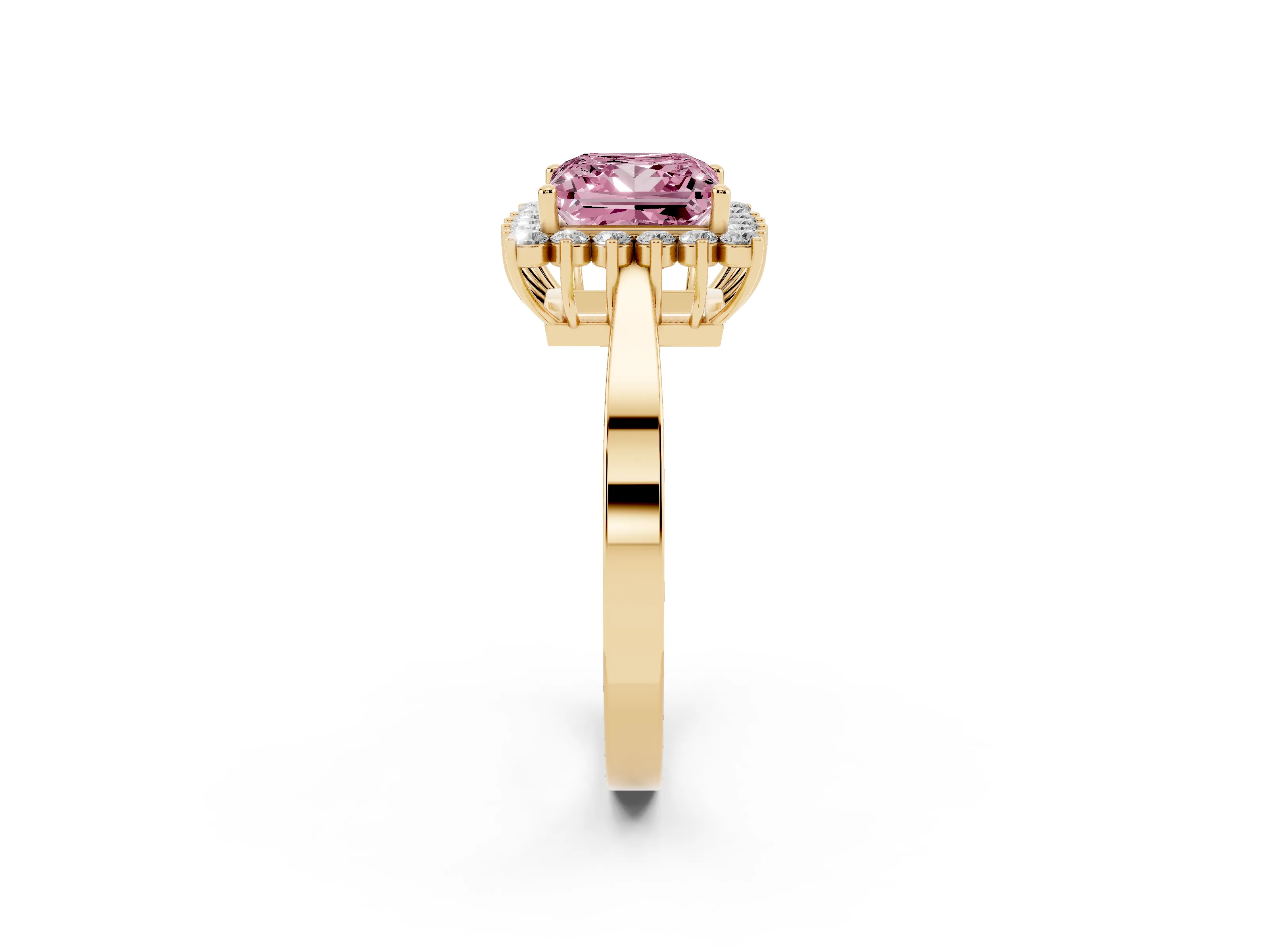 Fancy Pink Princess Cut Diamond Halo Ring Set in Yellow gold with Round Halo and Smooth Solitaire Band