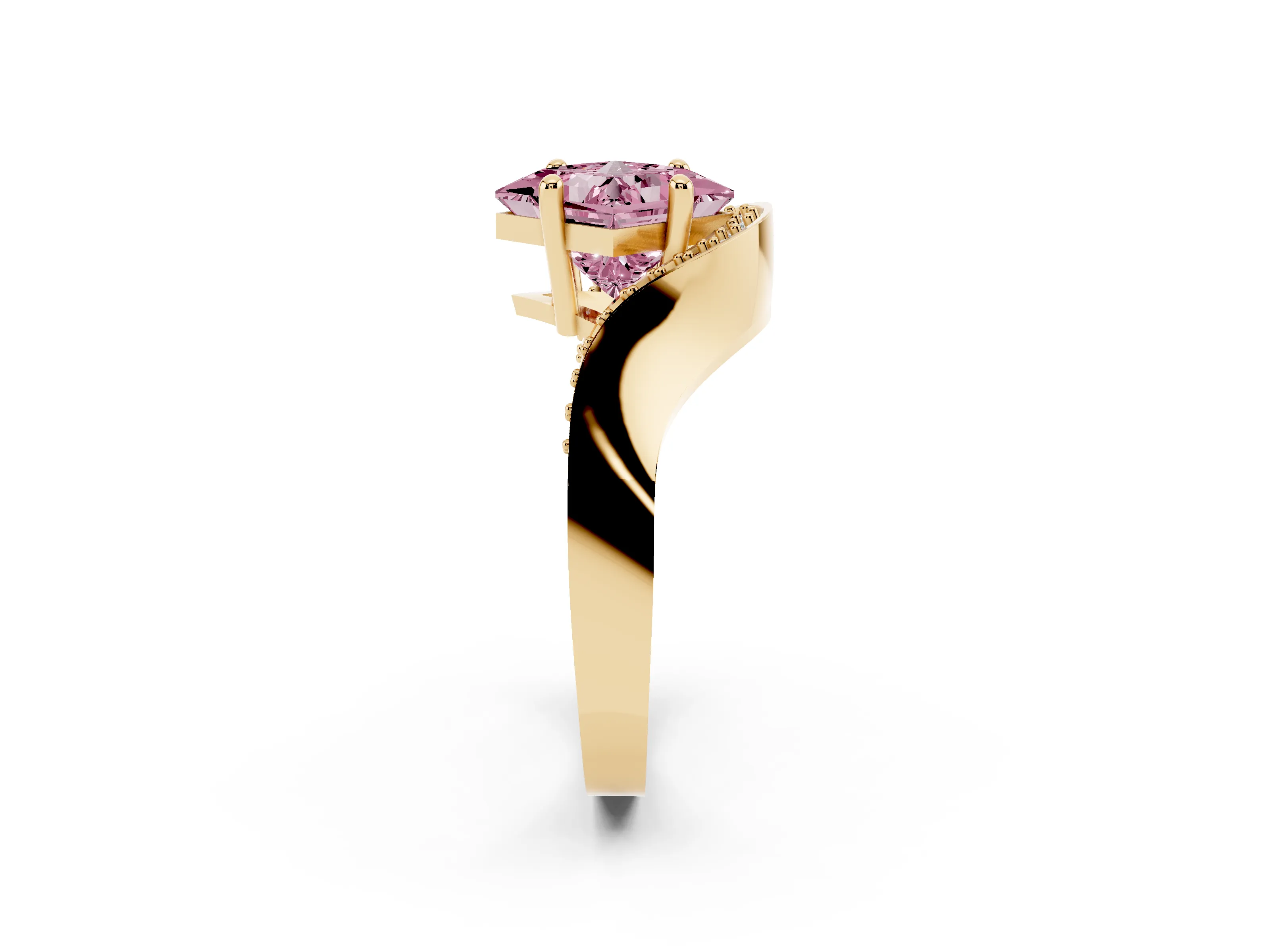 Fancy Pink Princess Cut Diamond Solitaire Engagement Ring Set in Yellow gold with Pavé Shoulders