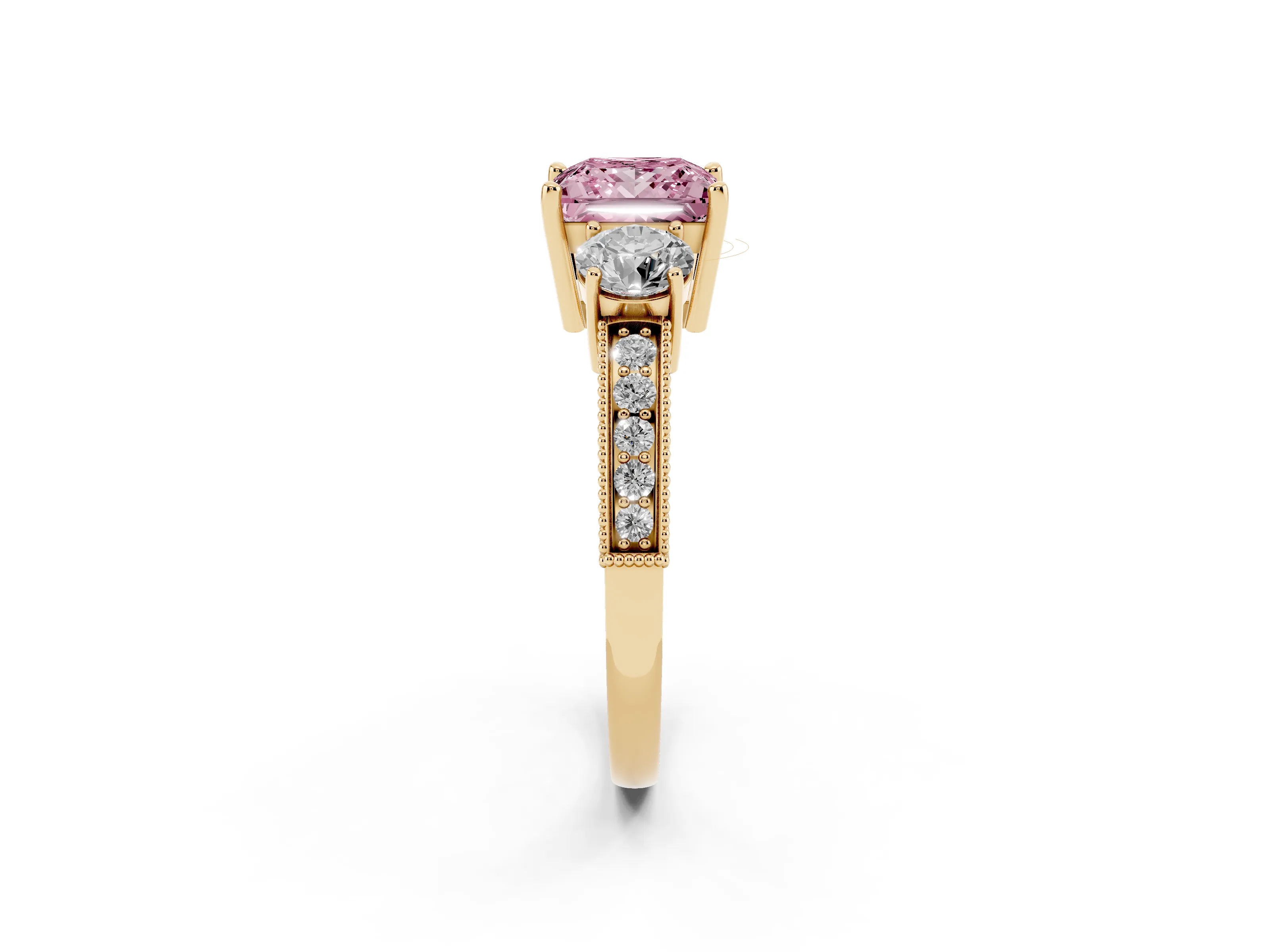 Fancy Pink Princess Cut Diamond Three-Stone Ring Set in Yellow gold with Round Side Stones and Pavé Band