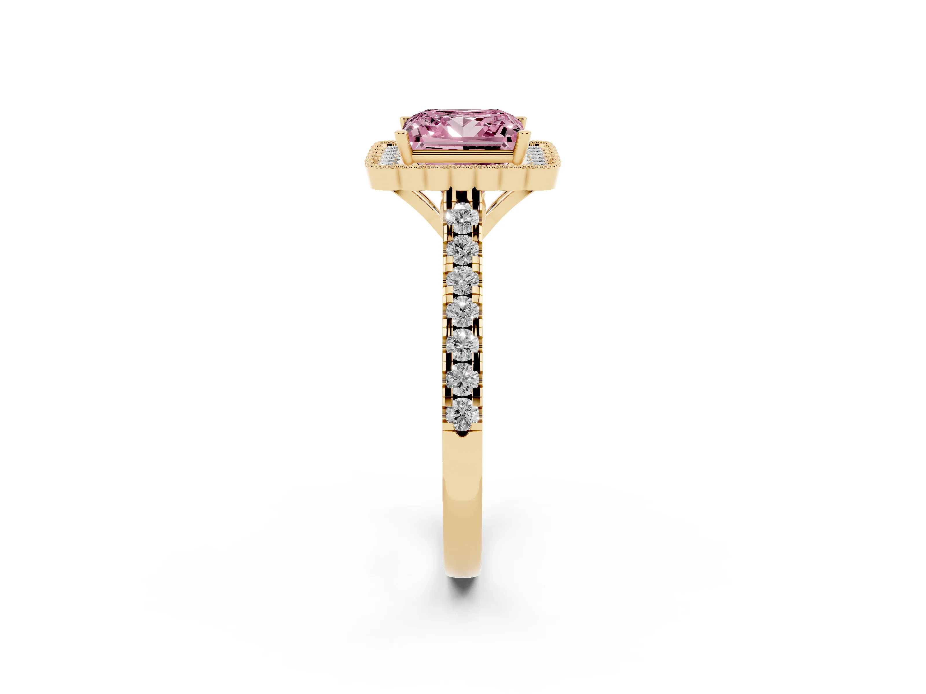 Fancy Pink Princess Cut Diamond Milgrain Floral Halo Engagement Ring Set in Yellow gold with Pavé Band