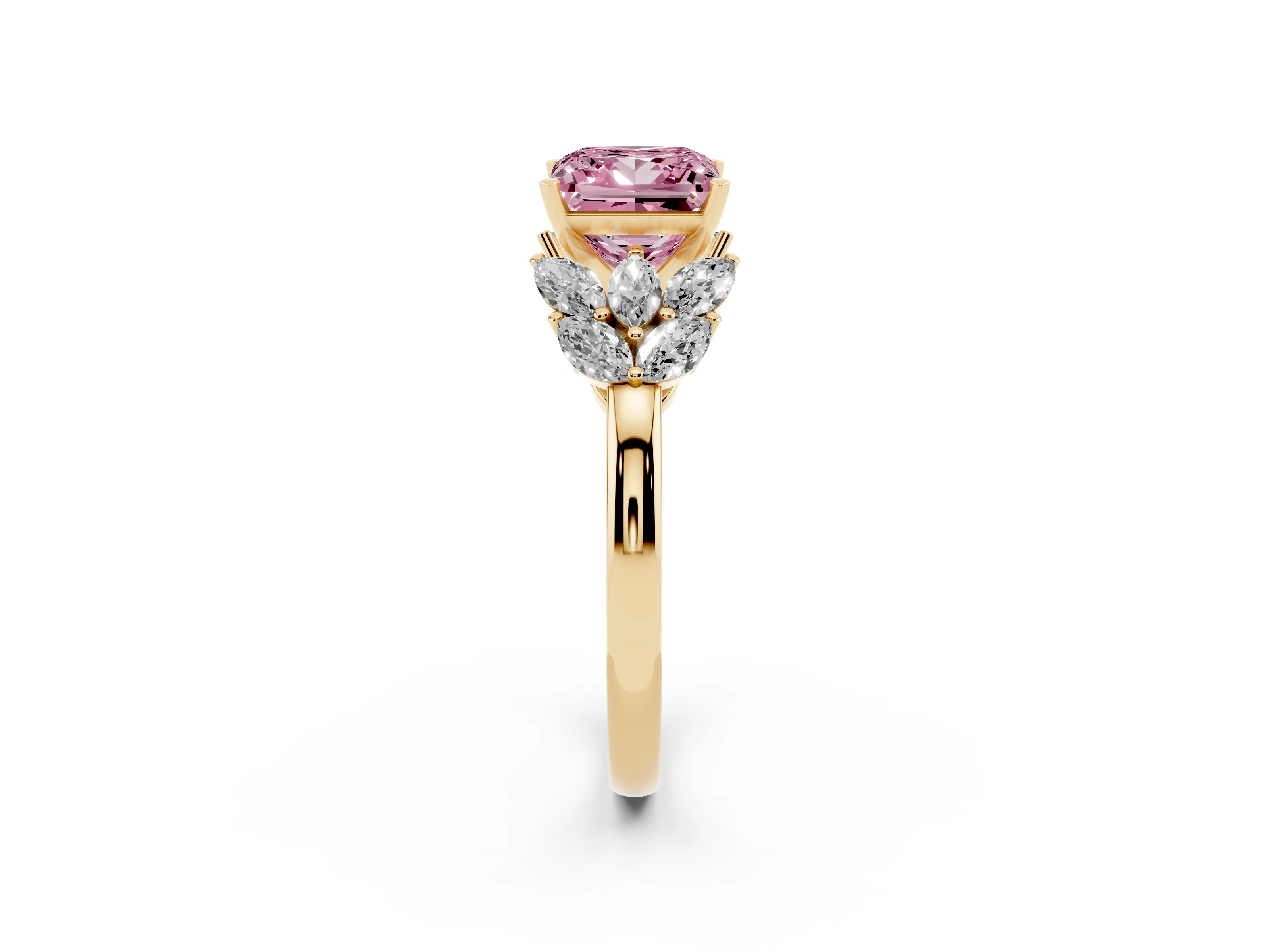 Fancy Pink Princess Cut Diamond Cluster Leaf Design Ring Set in Yellow gold with Prong Setting