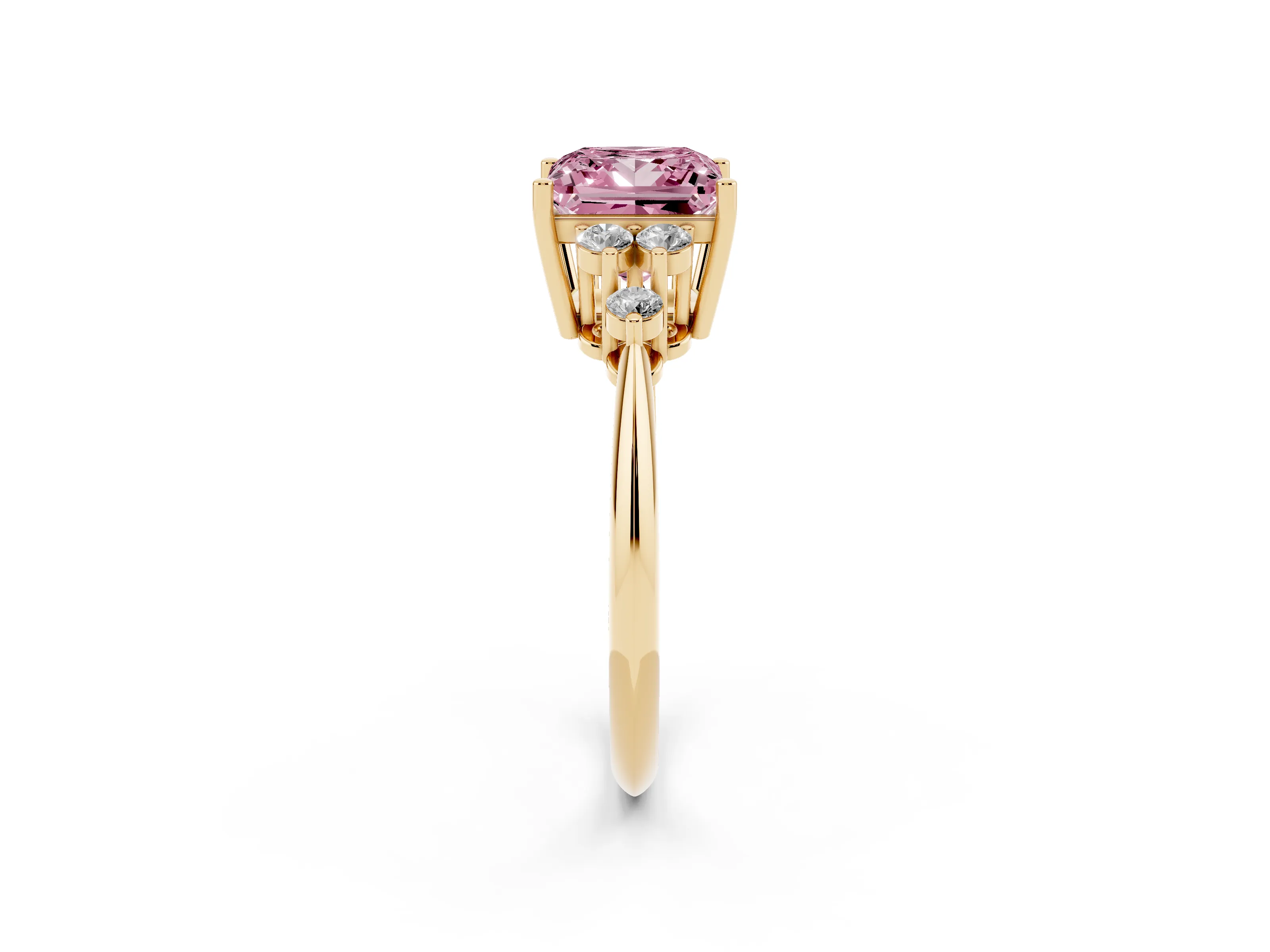 Fancy Pink Princess Cut Diamond Cluster Ring Set in Yellow gold with Plain Band and Prong Setting