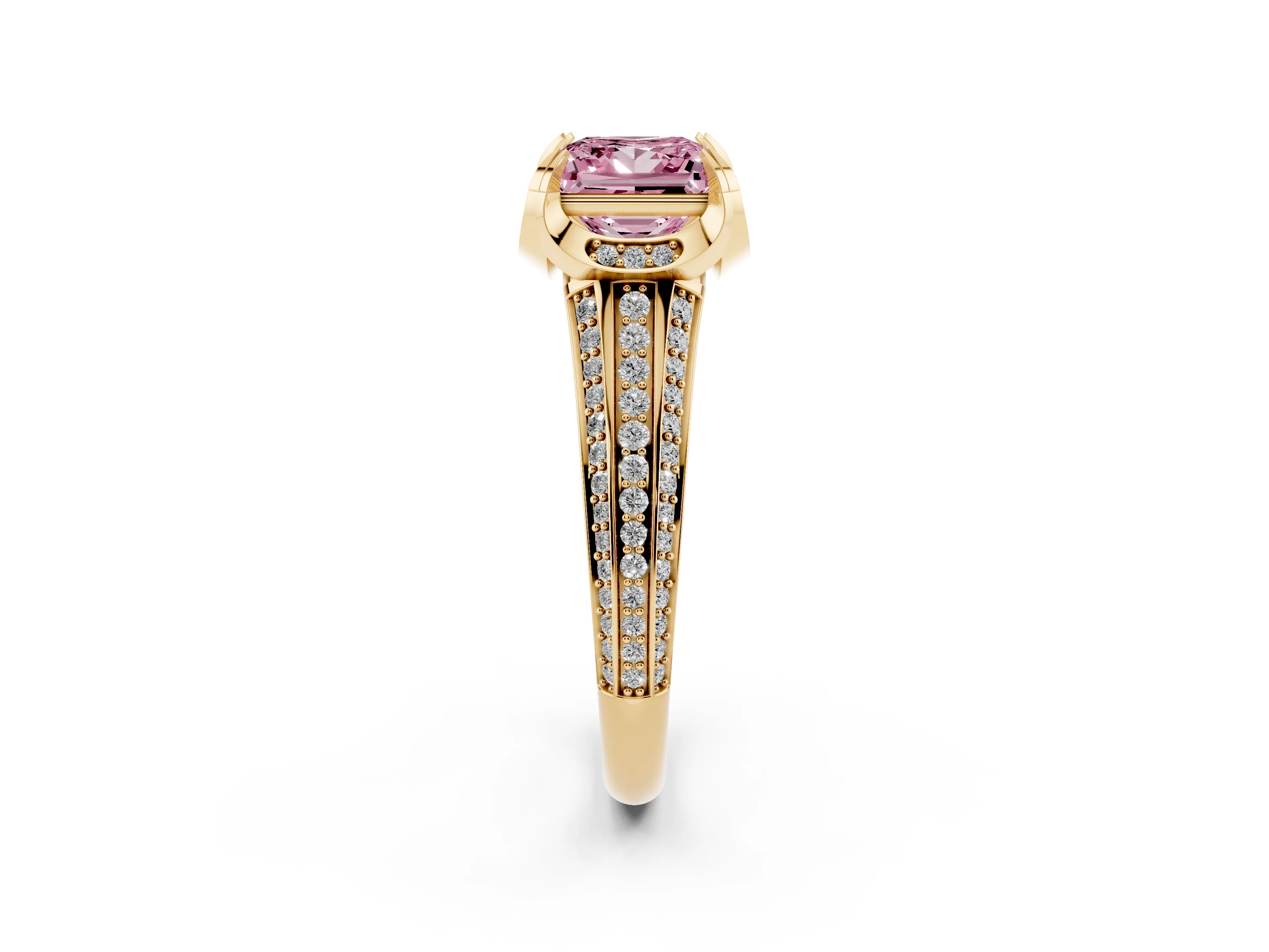 Fancy Pink Princess Cut Diamond Pavé Split Shank Solitaire Ring Set in Yellow gold with Prong Setting