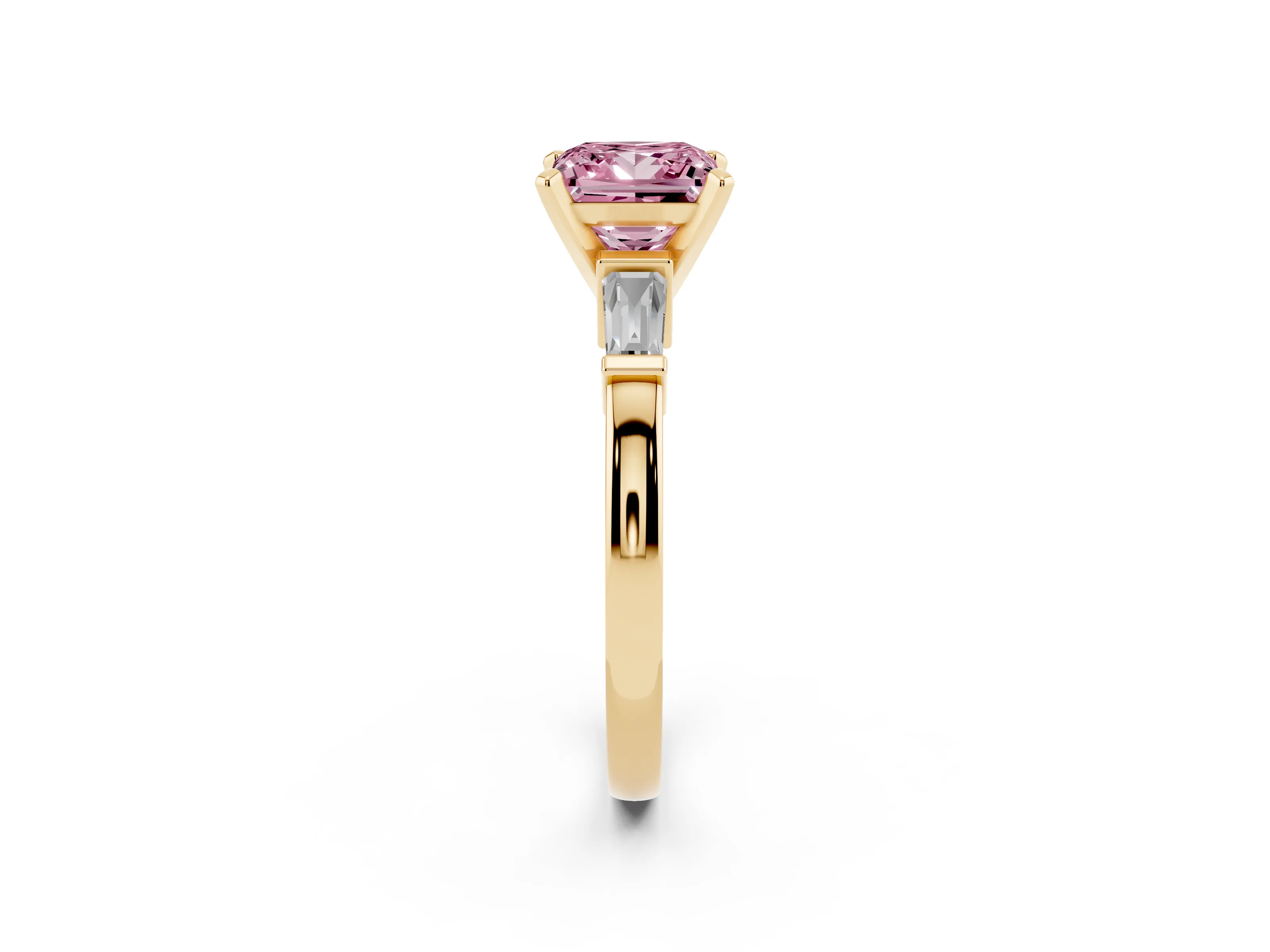Fancy Pink Princess Cut Diamond Solitaire Ring Set in Yellow gold with Tapered Baguette Accents and Prong Setting