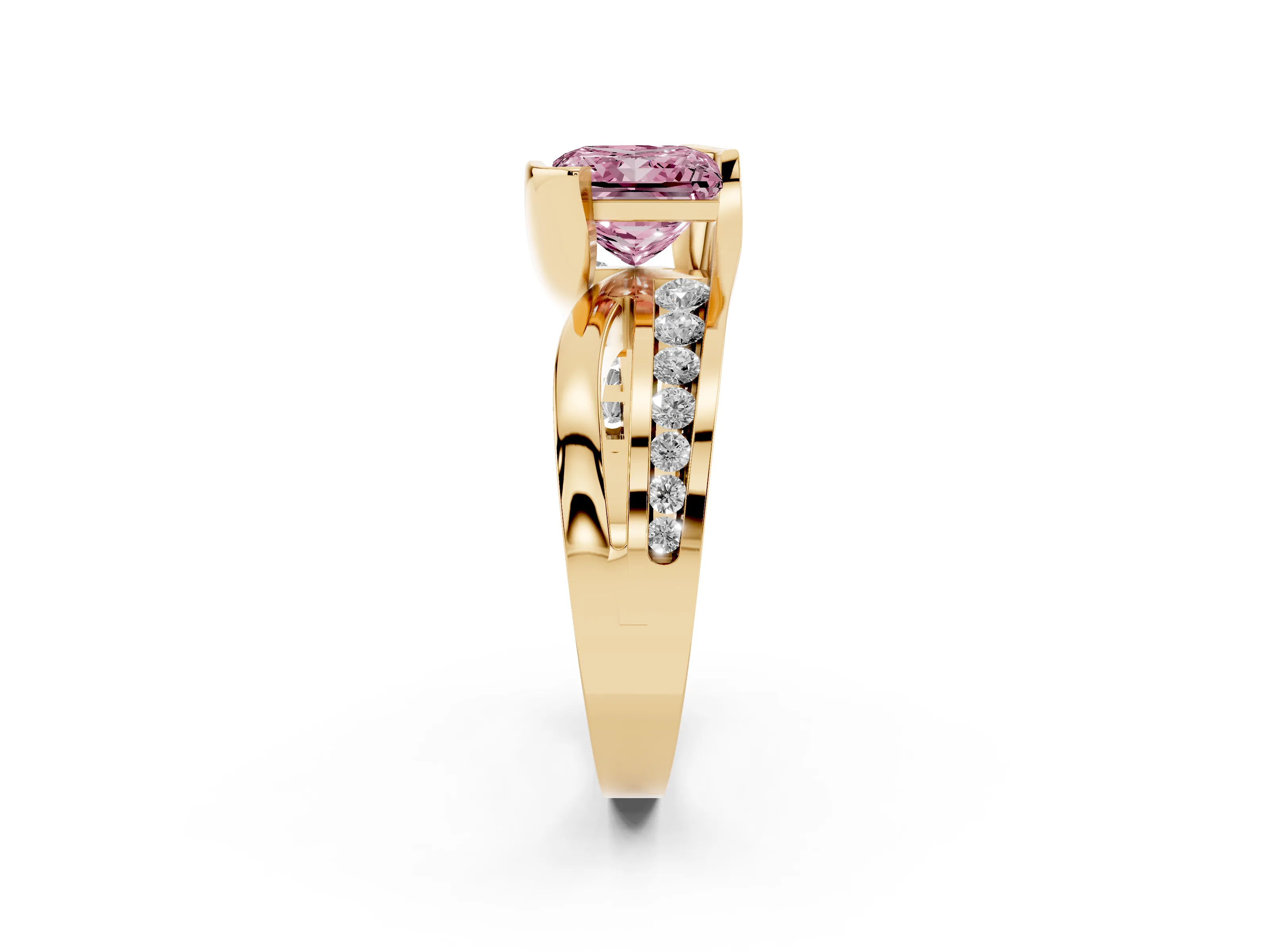 Fancy Pink Princess Cut Diamond Solitaire Ring Set in Yellow gold with Channel Set Split Shank and Tension Prongs