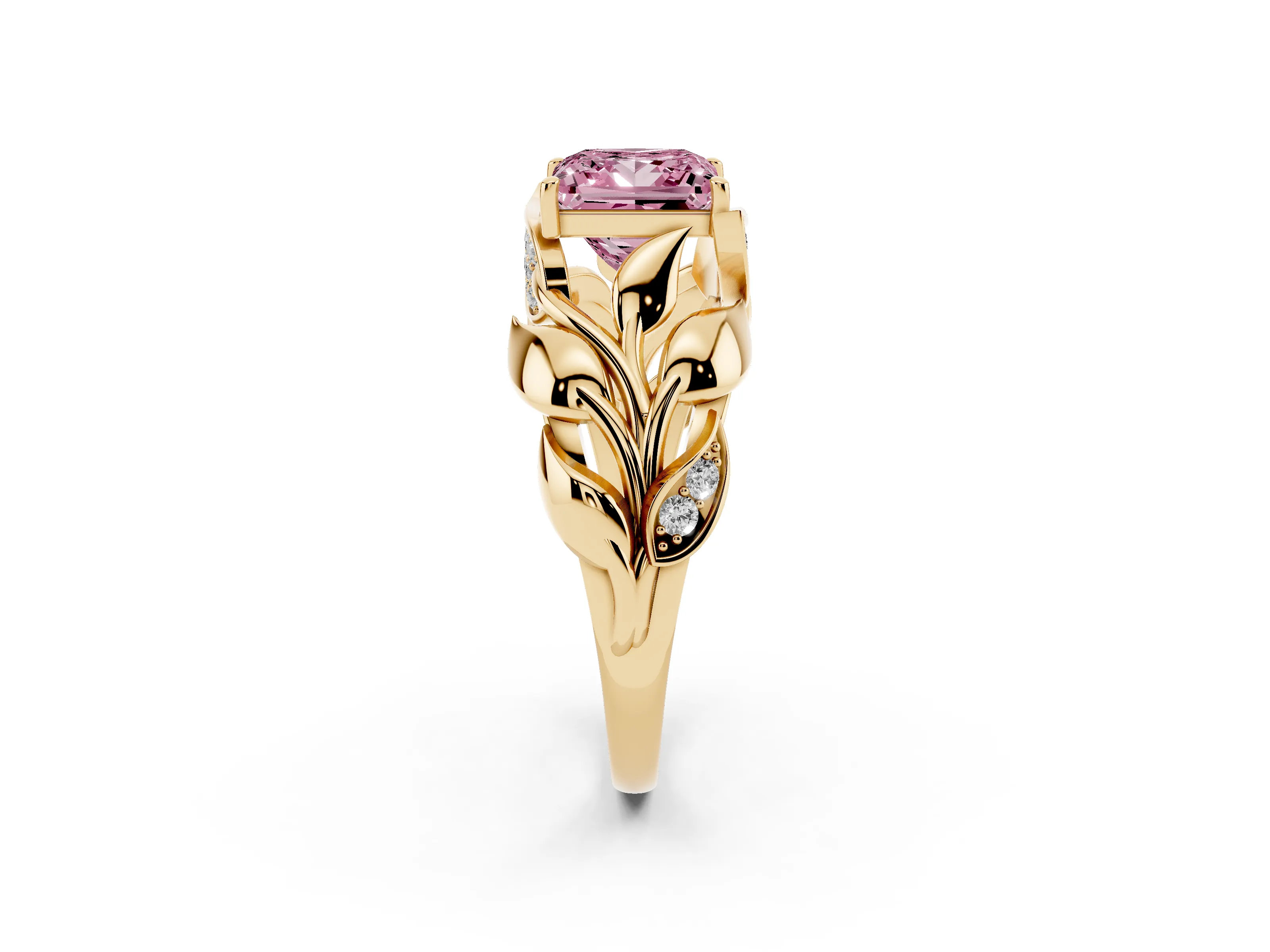 Fancy Pink Princess Cut Diamond Leaf-Inspired Engagement Ring Set in Yellow gold with Round Accents