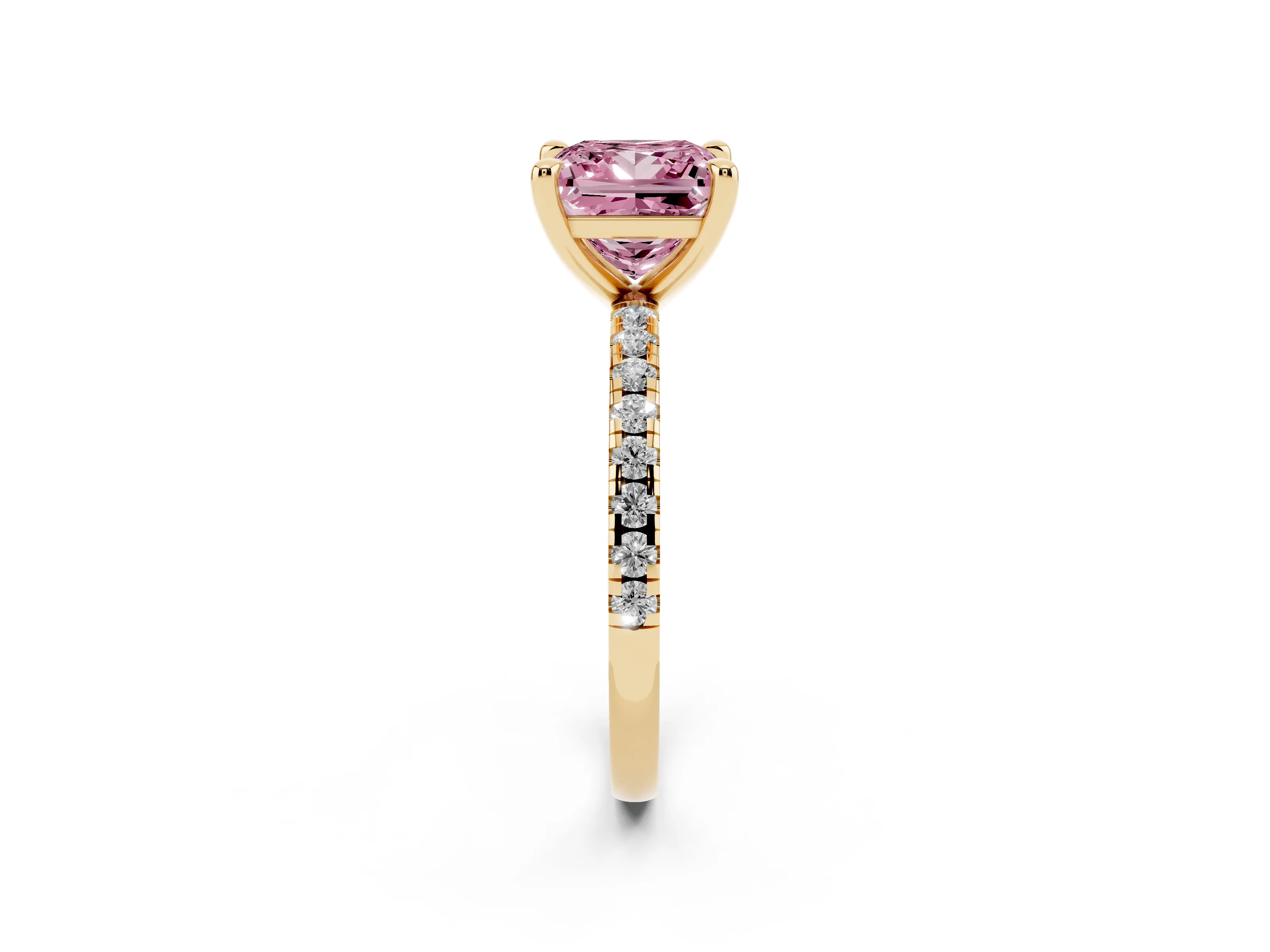 Fancy Pink Princess Cut Diamond Brilliant Solitaire Ring Set in Yellow gold with Pavé Band and Prong Setting